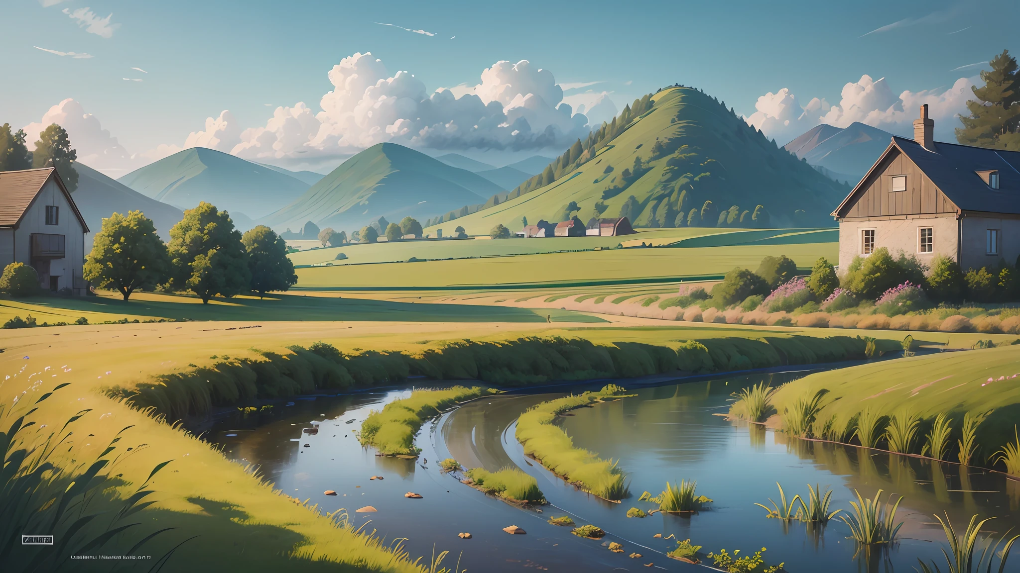 Description: Create a serene countryside landscape blending the techniques of matte painting and impressionism. Paint a picturesque countryside scene with rolling hills, a small village nestled in the distance, and a tranquil river winding through the fields. Use soft brushstrokes and muted colors to achieve an impressionistic effect, while incorporating intricate details and textures with matte painting techniques, dawn time --auto --s2