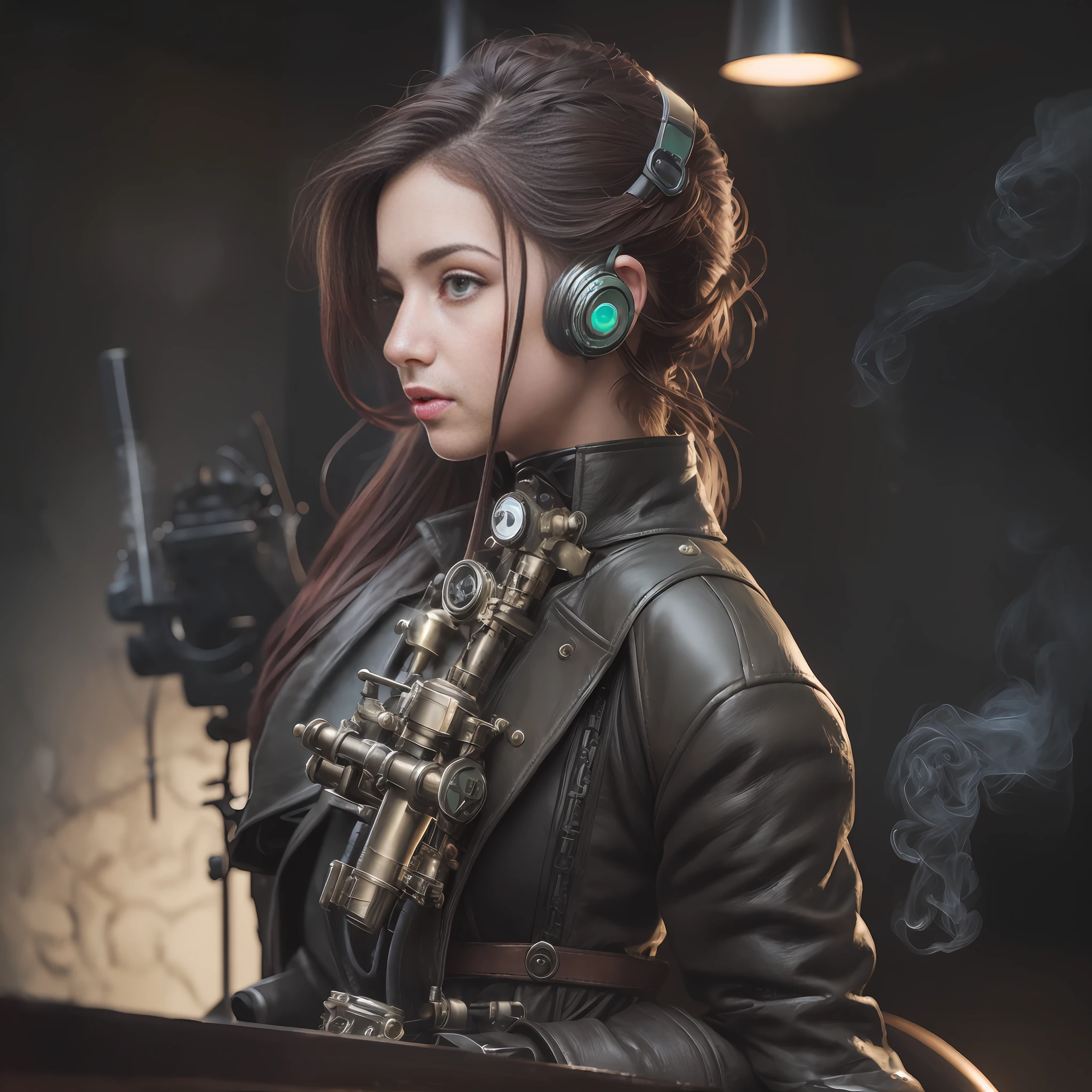 hyper photorealism, perfect anatomy, realistic character, very high contrast lighting, cinematic lighting, dramatic lighting, profile, shot from the back, shot from below, (((one girl on a chair is repairing a machine in the steamy smoky workshop))), (a 19 yo girl, (Ana de Armas:0.70), (redhead:1.1)), very cute and smiley, (perfect eyes:1.1), photorealistic wavy hair, a girl in a steampunk jumpsuit in light gray color, intercom headset, steampunk choker, long leather boots, perfect detailed face, detailed symmetric green eyes with circular iris, fixing a steam engine in the steampunk garage filled with steam and smoke, cogs and gears, steamy background with lots of steam pipes and steam valves and pressure gauges and gears, intricate background, very highly detailed costume, very highly detailed background, steampunk fantasy style, steampunk , steampunk aesthetic, steamy, Canon 5D, f1.8 lens