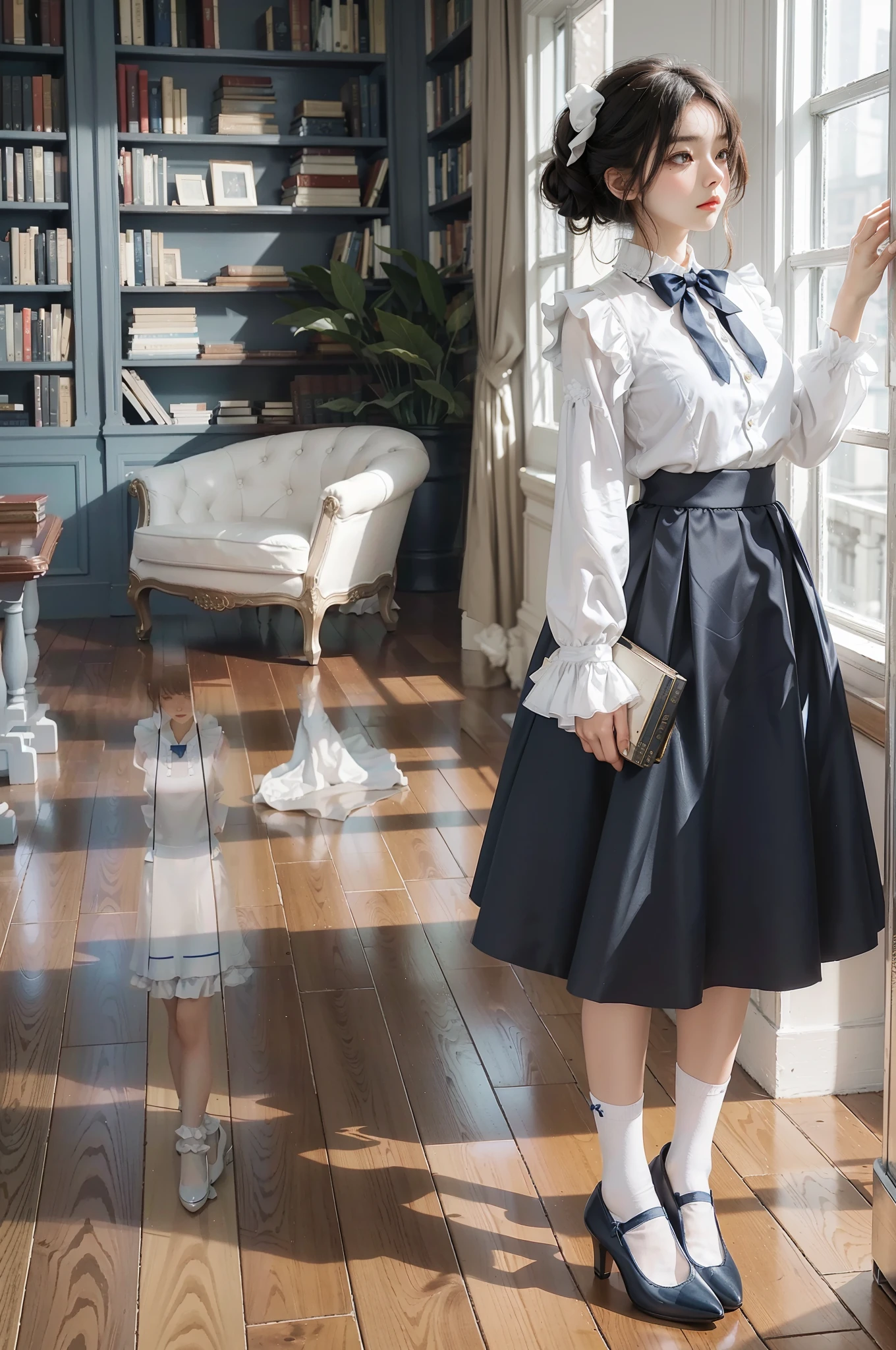 Woman standing alone in library, white floral blouse, dark blue bow tie, dark blue skirt with ruffles, wearing white silk ruffled socks, wearing pumps, white light background