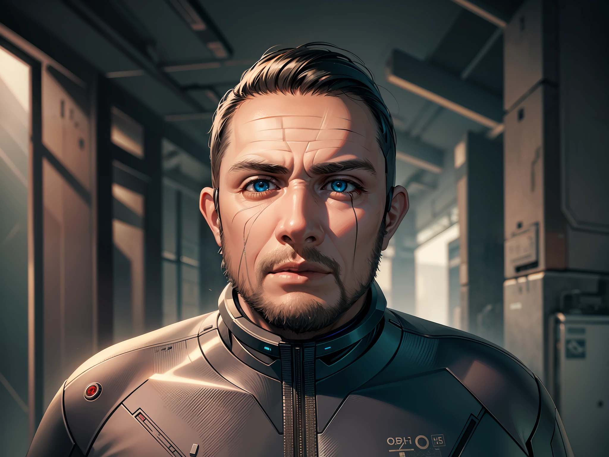 An ultra-realistic cyborg with exposed parts of circuits and chips, a cybernetic eye, and a head drawn with metallic materials is in a post-apocalyptic world. The environment is incredibly realistic in a high-quality CGI format, with 4k resolution.