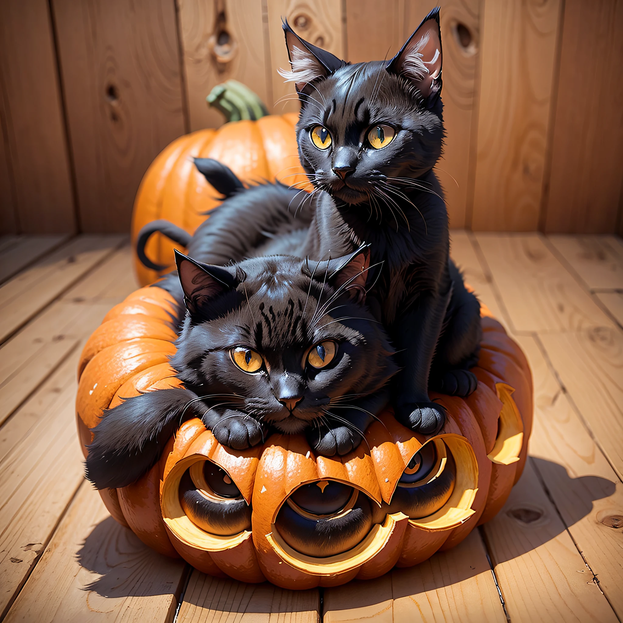 (best quality) black cat on top of a halloween pumpkin with sculpted face --auto --s2