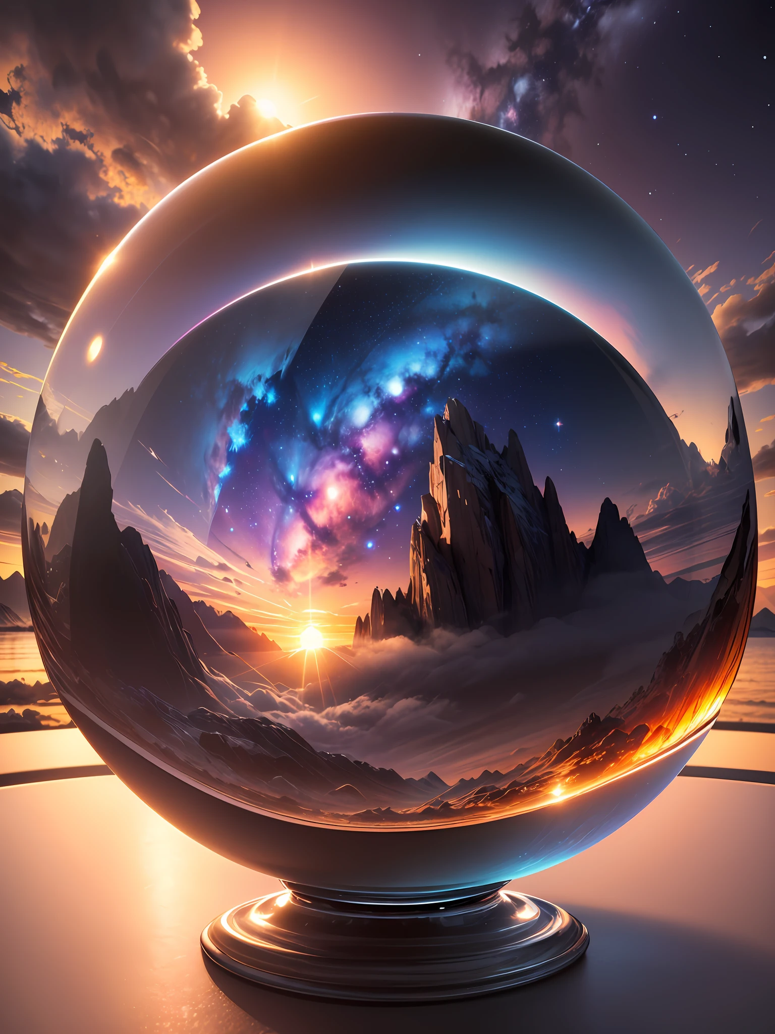 Ultra-realistic, 16K high resolution, (Max Sharp Focus: 1.3), (Max Close-up: 0.5), (Sea of Clouds trapped in a Crystal Perfect Ball with pedestal on table: 1.7), (Sunrise, Mountain, Milky Way, Comet: 1.3)