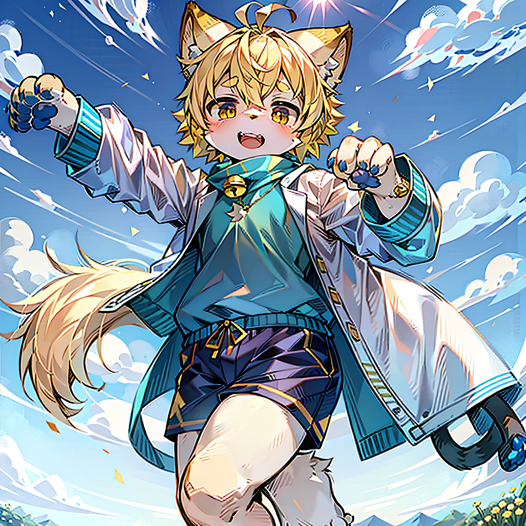 field, garden, band-aid, short hair, blonde, ahoge, bell, headphones, lower body, , furry, cat ears, open mouth, exposed teeth, clouds, sky, in summer, no spots, cubs, yellow fur everywhere, cat ears, cat type, big fluffy tail, masterpiece, high-quality portrait, humanoid, cub, beard, lone child wind, pose, full shot, sky blue coat, gray shorts, yellow scarf, white shirt, super cute face, Furry paws