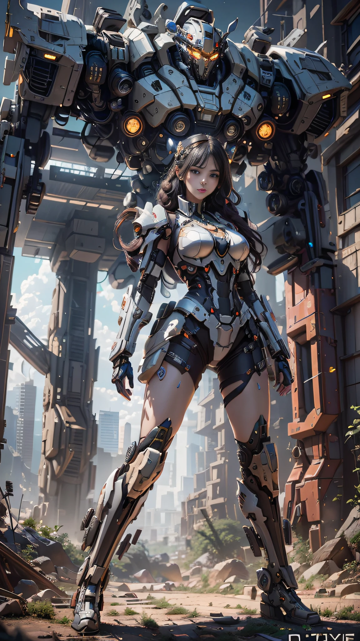 ((Best Quality)), ((Masterpiece)), (Very Detailed: 1.3), 3D, Icaru valkirie-mecha, Beautiful cyberpunk woman wearing crown with her red and blue mecha in ruins of a forgotten war city, long red hair, sci-fi technology, HDR (High Dynamic Range), ray tracing, nvidia RTX, super resolution, unreal 5, subsurface scattering, PBR texture, post-processing, anisotropic filtering, depth of field, maximum sharpness and sharpness, multi-layer texture, specular and albedo mapping, surface shading, accurate simulation of light-material interactions, perfect proportions, octane rendering, duotone lighting, low ISO, white balance, rule of thirds, wide aperture, 8K RAW, high efficiency subpixels, subpixel convolution, light particles, light scattering, Tyndall effect, very sexy, full body, battle pose, black hair with braids,