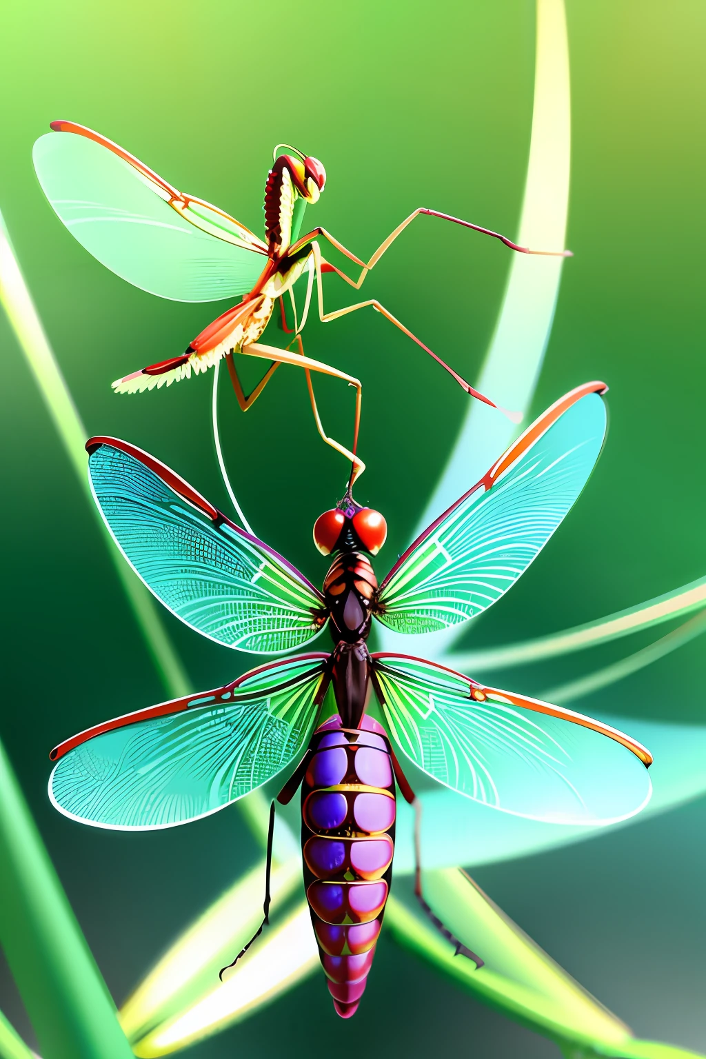 Outward appearance:
The dragonfly praying mantis has a slim body shape and elongated transparent wings.
Like dragonflies, their wings have beautiful colors and shine by reflecting light. For example, there may be a blue or green shimmer.
It has long front legs and sharp jaws like a praying mantis, and its organs have become a prominent feature.
Flightability:
Dragonfly mantis gracefully soars through the air and makes a swift and agile flight.
It has high maneuverability, can quickly swing its wings to glide and change direction rapidly.
The attitude control in the air is also excellent, and it is possible to change altitude and fly with vivid curves in an instant.
Kama and dexterity:
Dragonfly mantis have sharp camas like praying mantises.
The kama is supple and has a structure that allows you to grip it firmly.
Kama can be used in a wide variety of ways, including capturing and defending prey and adapting to the environment.
Environment:
Dragonfly praying mantis is depicted in a beautiful natural environment. For example, forests, rivers, gardens, etc.
In the background, colorful flowers, plants, and clear water flow in the background, expressing the habitat of the dragonfly praying mantis.