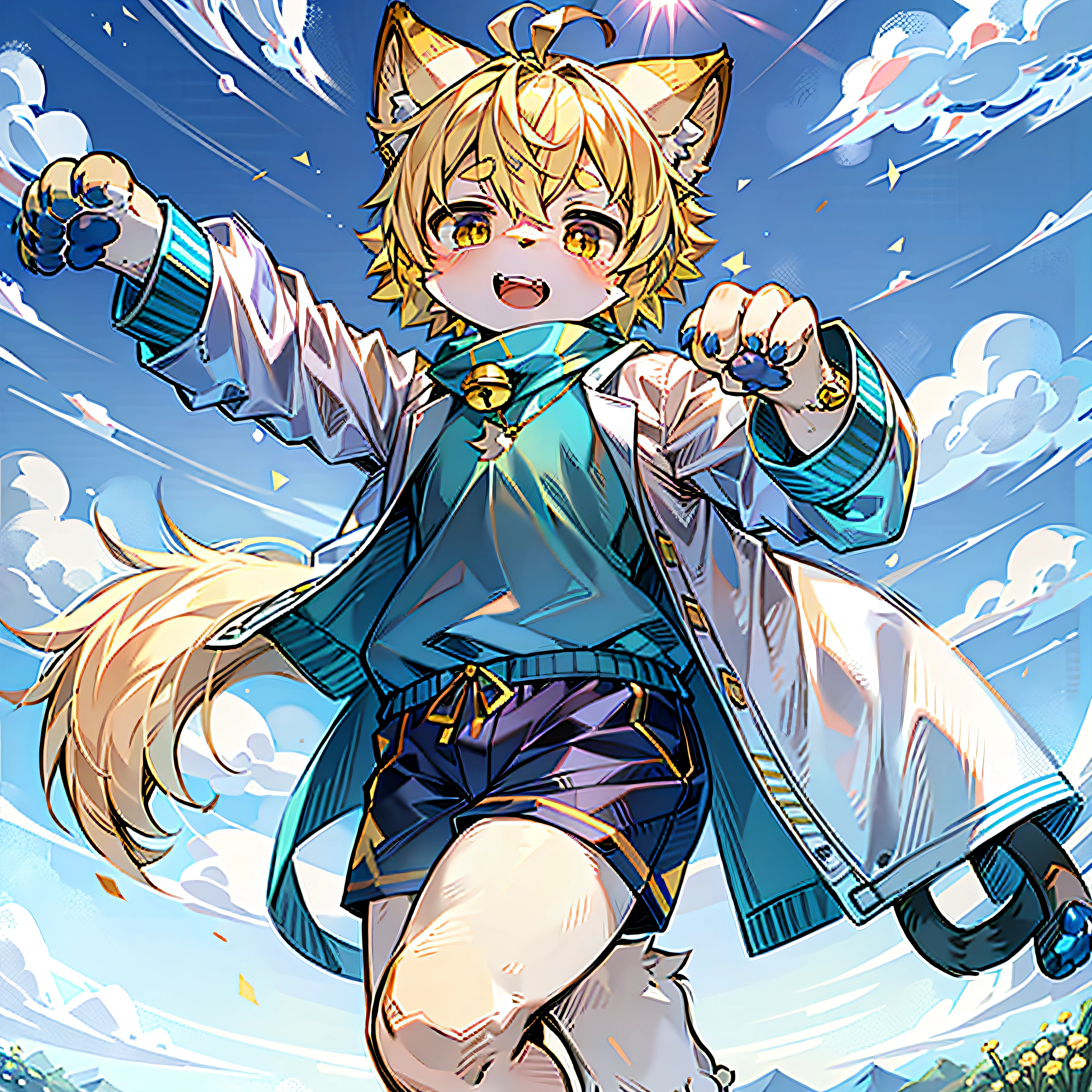 field, garden, band-aid, short hair, blonde, ahoge, bell, headphones, lower body, , furry, cat ears, open mouth, exposed teeth, clouds, sky, in summer, no spots, cubs, yellow fur everywhere, cat ears, cat type, big fluffy tail, masterpiece, high-quality portrait, humanoid, cub, beard, lone child wind, pose, full shot, sky blue coat, gray shorts, yellow scarf, white shirt, super cute face, Furry paws