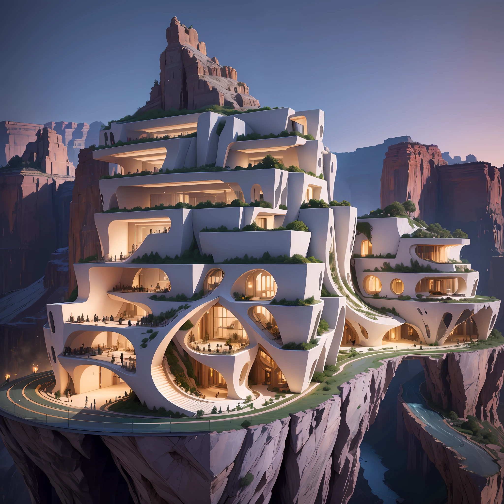 Command: ``/create prompt:Futuristic design of cave architecture interiors concept art on grand Canyon caves nature architecture, proportional,detailed, cave architecture nature meets futuristic architecture by Toyo Ito and Philip Johnson ,residential area, futuristic development, high rise made up staircases, balconies, full of rock and glass facades, residential spaces carved from cliff side ,trending on artstation, beautiful lighting,In the style of Jean Nouvel masterpiece, fantasy, intricate, award winning, 4k, highest quality render model:Real`` --auto --s2