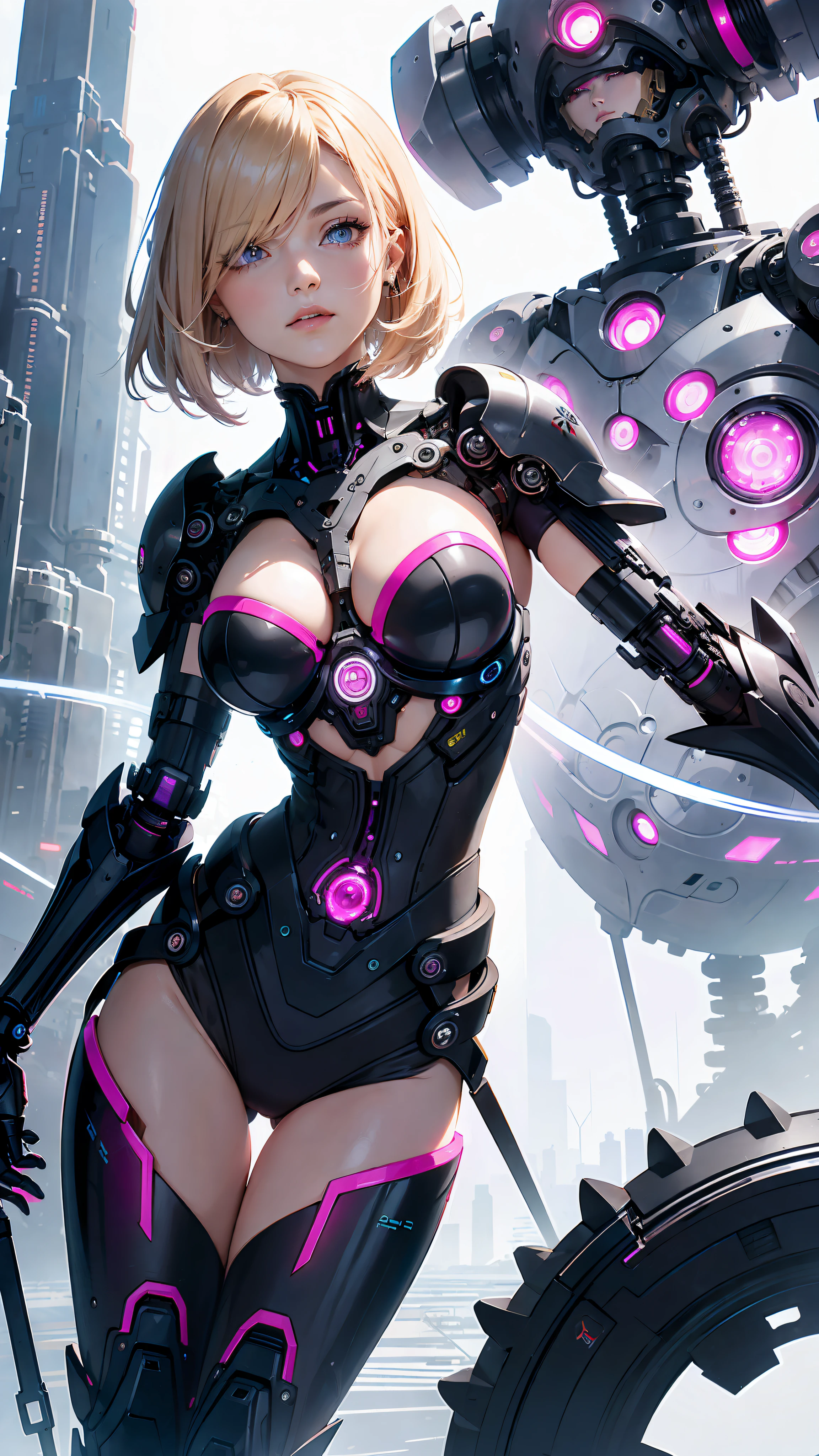 One-sided Cut Layered Bob, (Blonde to Pink Hair: 1.3), ((Transparent Eyes (Purple)), ((Beautiful, Detailed Eyes, Jewel-like Eyes, Shining Eyes: 1.3)) , The female body incorporates mechanical components such as gears, wires and circuits that merge with the female's natural form to create a visually captivating and futuristic aesthetic. The mechanical elements emphasize precision and functionality, with interconnected gears and cogs that work harmoniously with the female physique. Female faces may have cybernetic enhancements such as glowing eyes, neural implants, and metallic facial features that symbolize the fusion of man and machine. This artwork embodies both the strength of a woman and the grace of the human spirit. Lighting and shadows play an important role, enhancing the contrast between organic and mechanical elements and adding depth to the composition. It emphasizes the mechanical nature of the artwork. Background details may include futuristic cityscapes, industrial landscapes, or abstract patterns to further enhance the futuristic feel. Overall, the artwork captures the essence of a woman embracing machine integration, celebrating the possibilities and complexities of a future where humans and technology coexist.