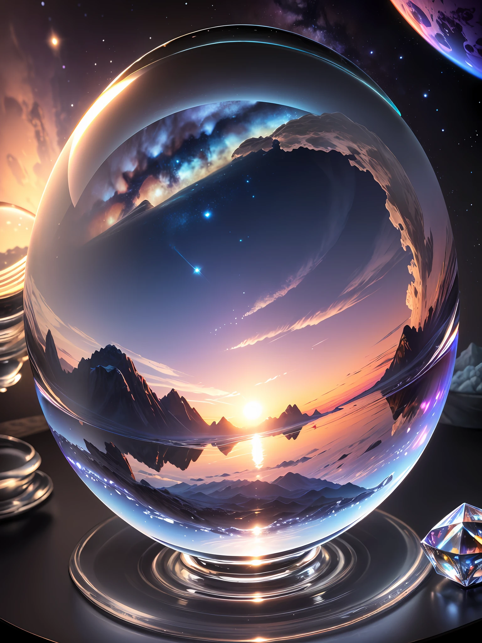 Ultra-realistic, 16K high resolution, (Max Sharp Focus: 1.3), (Max Close-up: 0.5), (Sea of Clouds trapped in a Crystal Perfect Ball with pedestal on table: 1.7), (Mountain, Milky Way, Comet: 1.3)