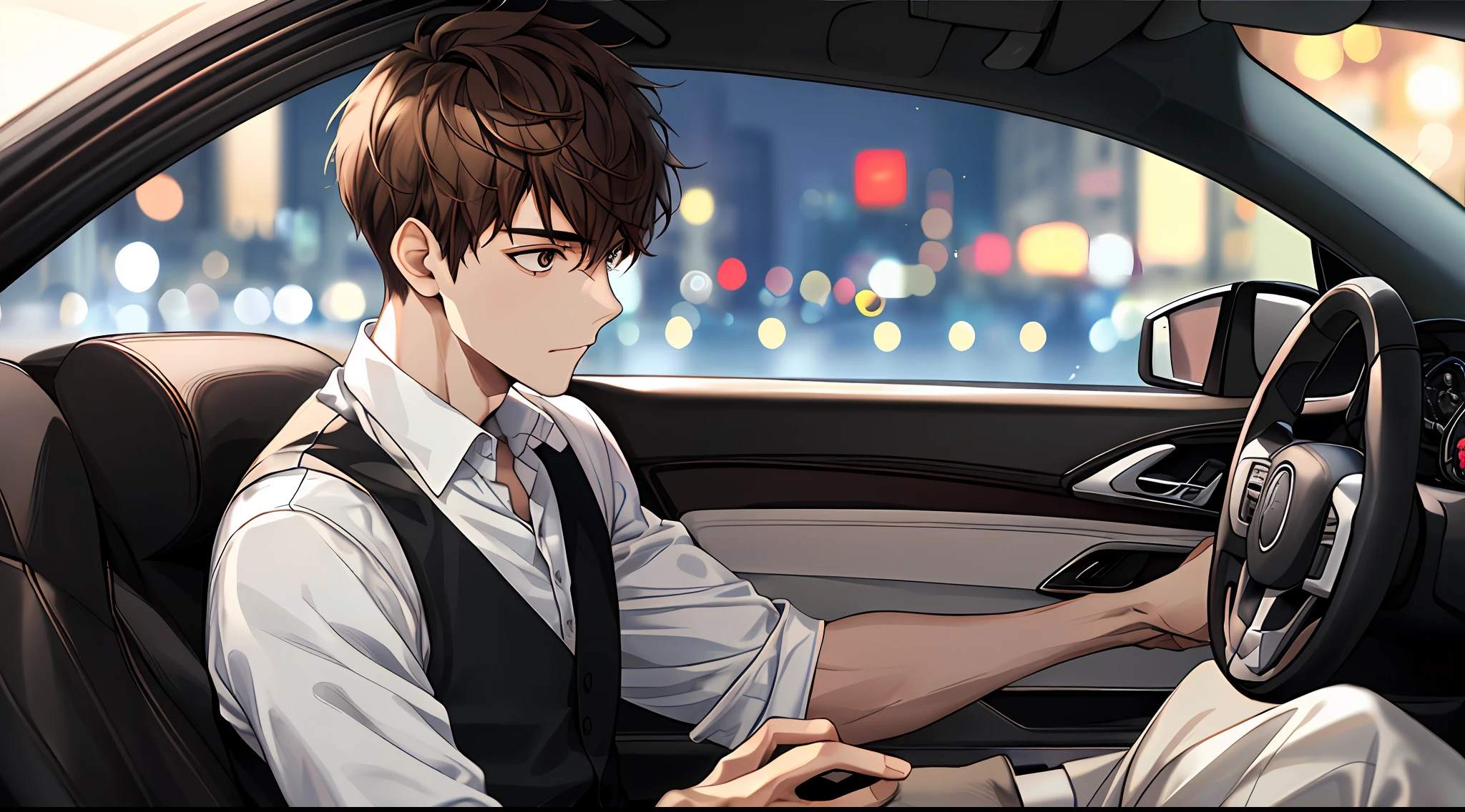 1boy, face focus, adult, detail background, depth of field, lighting, background bokeh, street, city, (delicate face: 1.3), short hair, brown hair, delicate facial features, black vest, white shirt, sports car, driving, sitting inside the car