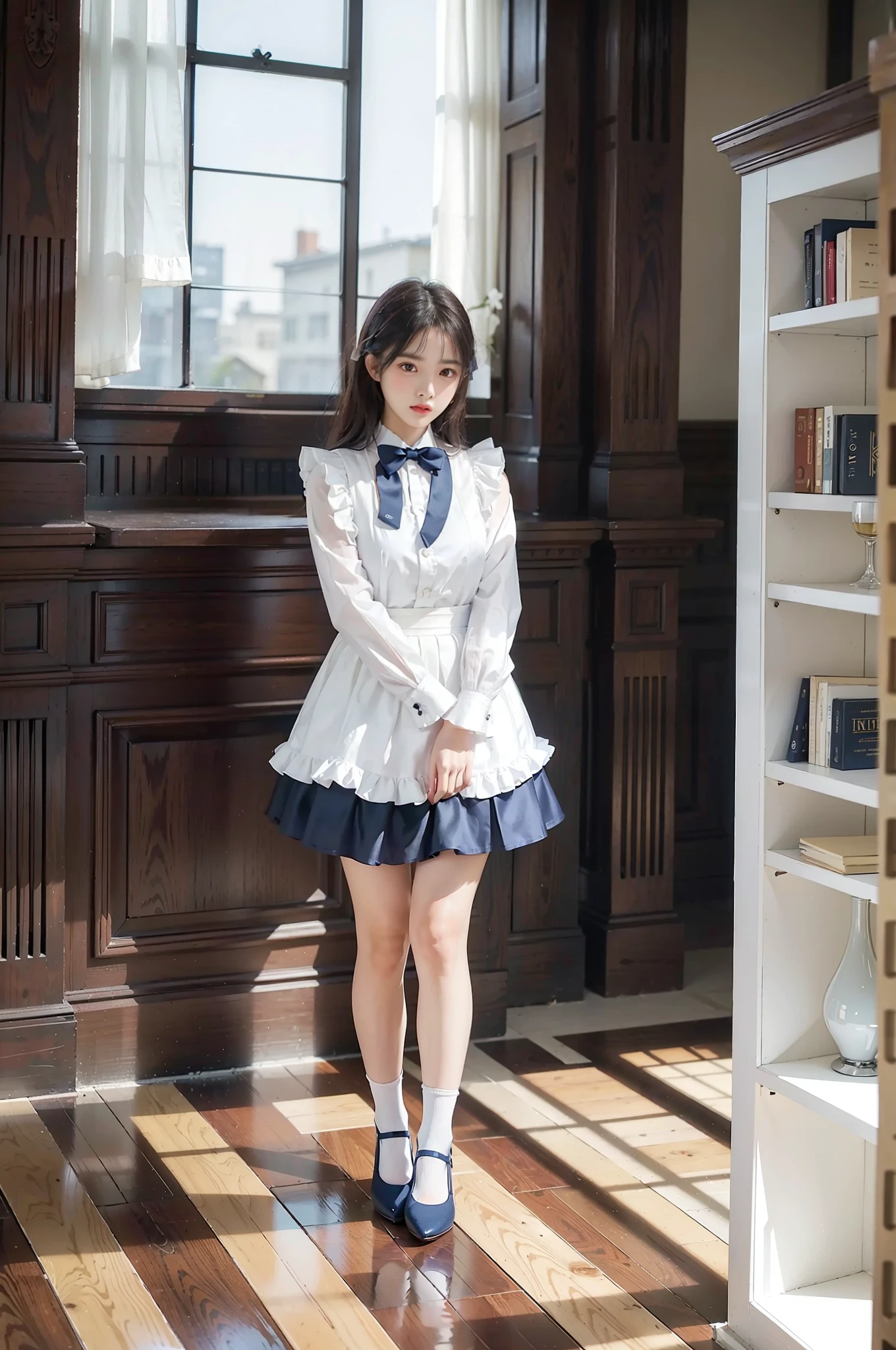 Woman standing alone in library, white floral blouse, dark blue bow tie, dark blue skirt with ruffles, wearing white silk ruffled socks, wearing pumps, white light background