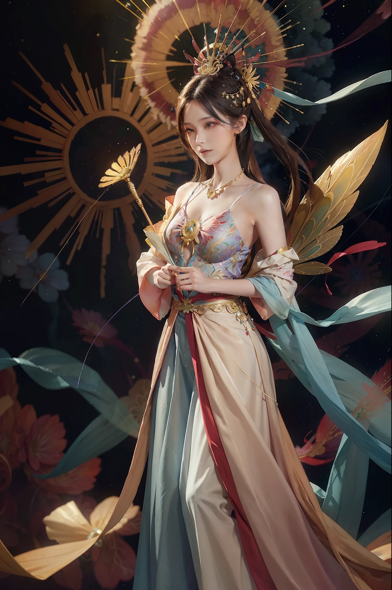 (Masterpiece, top quality, best quality, extreme detail, highest detail, official art, Beauty and Aesthetics: 1.2), Colorful, Denim Shot, Upper Body Shot, Beautiful Face, Solo, Perfect Body, On the Sky Clouds, Fairy, Flowing Streamers, Sun Rays, Clouds, Full Body, Hanfu, Chinese Clothes, White Dress, Water, Fireflies, Night, Starry Sky, Jewelry, Feathers on Dresses, Peacock Feathers, Light Particles, Volumetric Lighting, Ray Tracing (Flowing Streamers: 1.1), (Fantasy: 1.2), Illuminator, Stars, Fantasy, High Contrast, Ink Strokes, Overexposure, Purple and Red Tone Impressions, Abstract, ((Watercolor by John Berkey and Jeremy Man)) Brush Strokes,