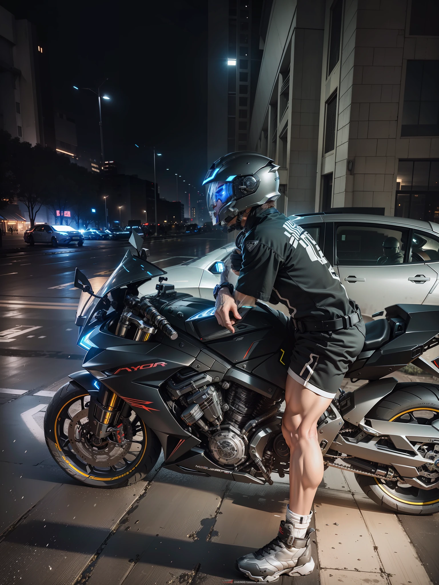 Cyber Male Warrior and Cyber Mechanical Motorcycle, Wearing High-Tech Armor, Nousr, Biomechanics, MSHN Robotic Man, High-Tech Helmet, Hyperreal, Steel, Intricate Design, Crazy Details, Fine Details, Extremely Clear Lines, Cinematic Lighting, Photo Realistic, Detailed Masterpiece