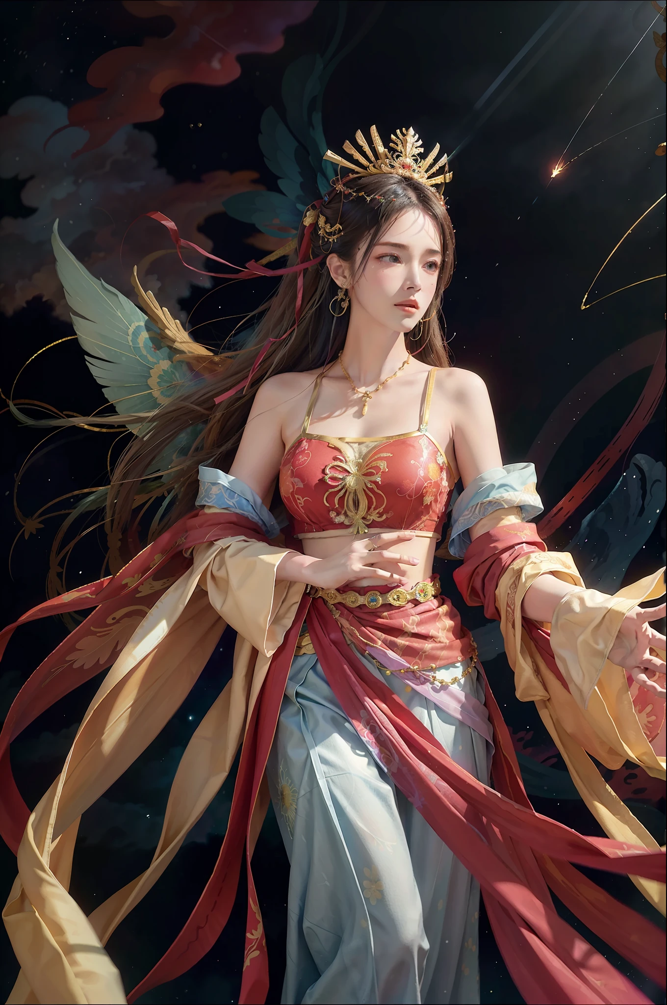 (Masterpiece, top quality, best quality, extreme detail, highest detail, official art, Beauty and Aesthetics: 1.2), Colorful, Denim Shot, Upper Body Shot, Beautiful Face, Solo, Perfect Body, On the Sky Clouds, Fairy, Flowing Streamers, Sun Rays, Clouds, Full Body, Hanfu, Chinese Clothes, White Dress, Water, Fireflies, Night, Starry Sky, Jewelry, Feathers on Dresses, Peacock Feathers, Light Particles, Volumetric Lighting, Ray Tracing (Flowing Streamers: 1.1), (Fantasy: 1.2), Illuminator, Stars, Fantasy, High Contrast, Ink Strokes, Overexposure, Purple and Red Tone Impressions, Abstract, ((Watercolor by John Berkey and Jeremy Man)) Brush Strokes,