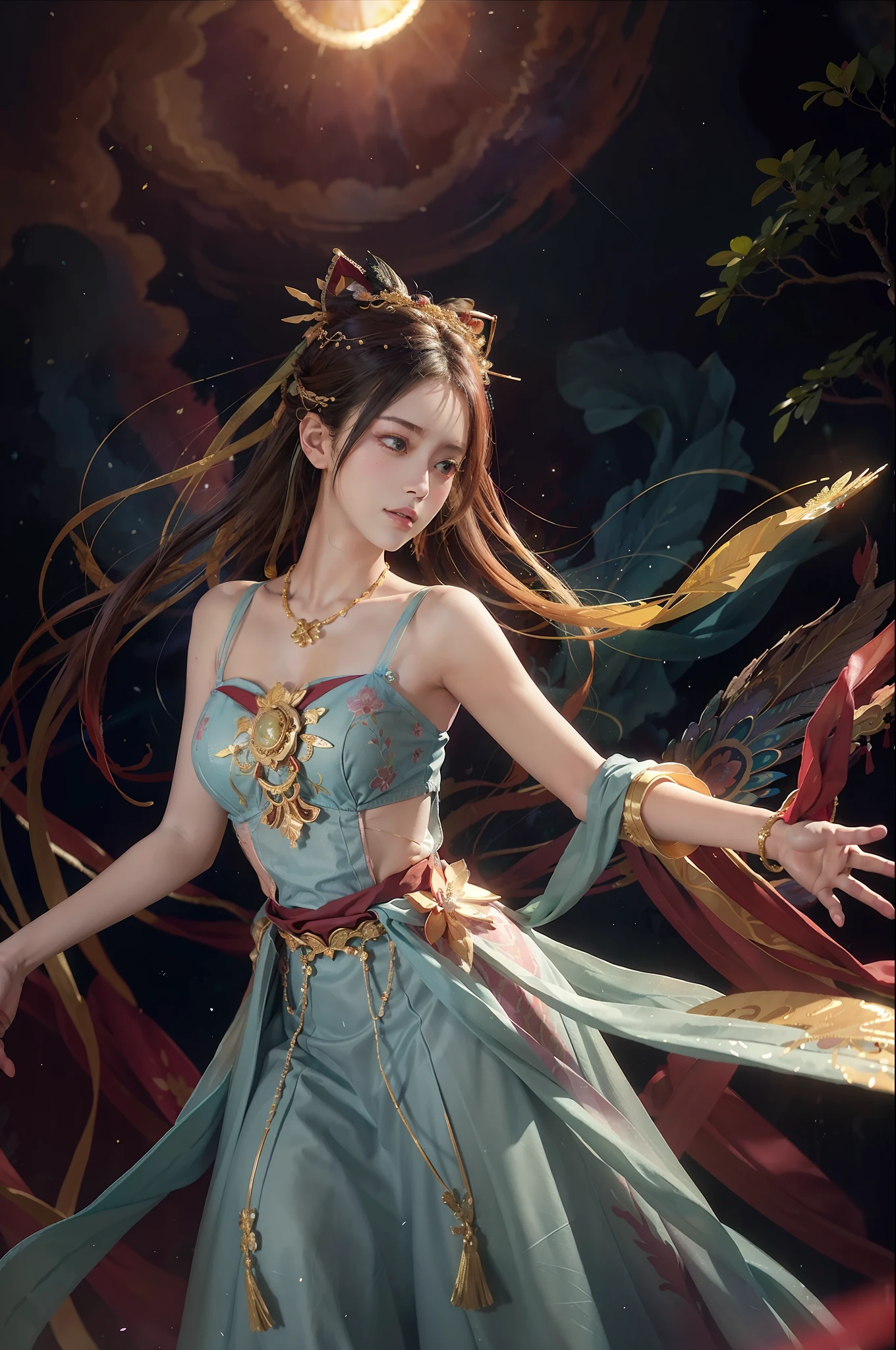 (Masterpiece, top quality, best quality, extreme detail, highest detail, official art, Beauty and Aesthetics: 1.2), Colorful, Denim Shot, Upper Body Shot, Beautiful Face, Solo, Perfect Body, On the Sky Clouds, Fairy, Flowing Streamers, Sun Rays, Clouds, Full Body, Hanfu, Chinese Clothes, White Dress, Water, Fireflies, Night, Starry Sky, Jewelry, Feathers on Dresses, Peacock Feathers, Light Particles, Volumetric Lighting, Ray Tracing (Flowing Streamers: 1.1), (Fantasy: 1.2), Illuminator, Stars, Fantasy, High Contrast, Ink Strokes, Overexposure, Purple and Red Tone Impressions, Abstract, ((Watercolor by John Berkey and Jeremy Man)) Brush Strokes,