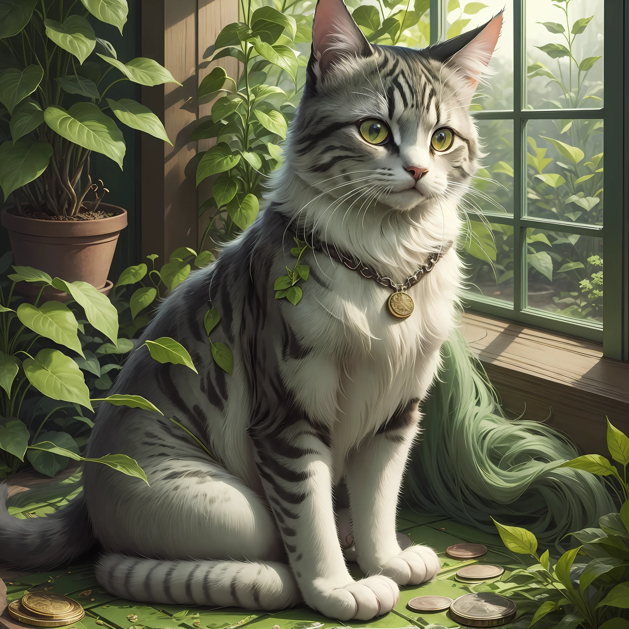 cat sitting in a green house, file floor, there are coins on the floor with pentacles embossed on them. There are lots of plants. Misty atmosphere. Detail in fur. Fantasy --auto --s2