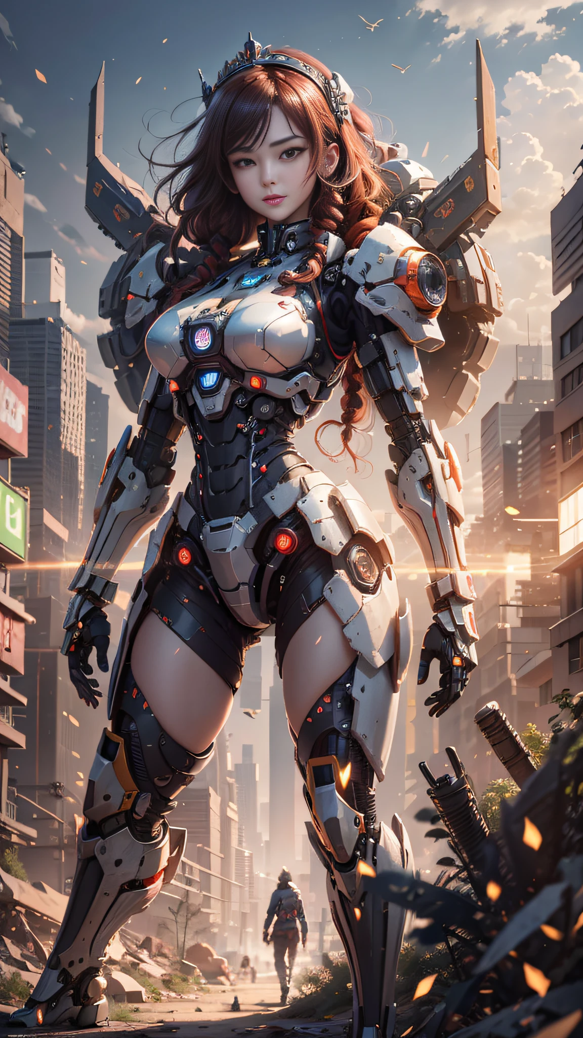 ((Best Quality)), ((Masterpiece)), (Very Detailed: 1.3), 3D, Icaru valkirie-mecha, Beautiful cyberpunk woman wearing crown with her red and blue mecha in ruins of a forgotten war city, long red hair, sci-fi technology, HDR (High Dynamic Range), ray tracing, nvidia RTX, super resolution, unreal 5, subsurface scattering, PBR texture, post-processing, anisotropic filtering, depth of field, maximum sharpness and sharpness, multi-layer texture, specular and albedo mapping, surface shading, accurate simulation of light-material interactions, perfect proportions, octane rendering, duotone lighting, low ISO, white balance, rule of thirds, wide aperture, 8K RAW, high efficiency subpixels, subpixel convolution, light particles, light scattering, Tyndall effect, very sexy, full body, battle pose, black hair with braids,