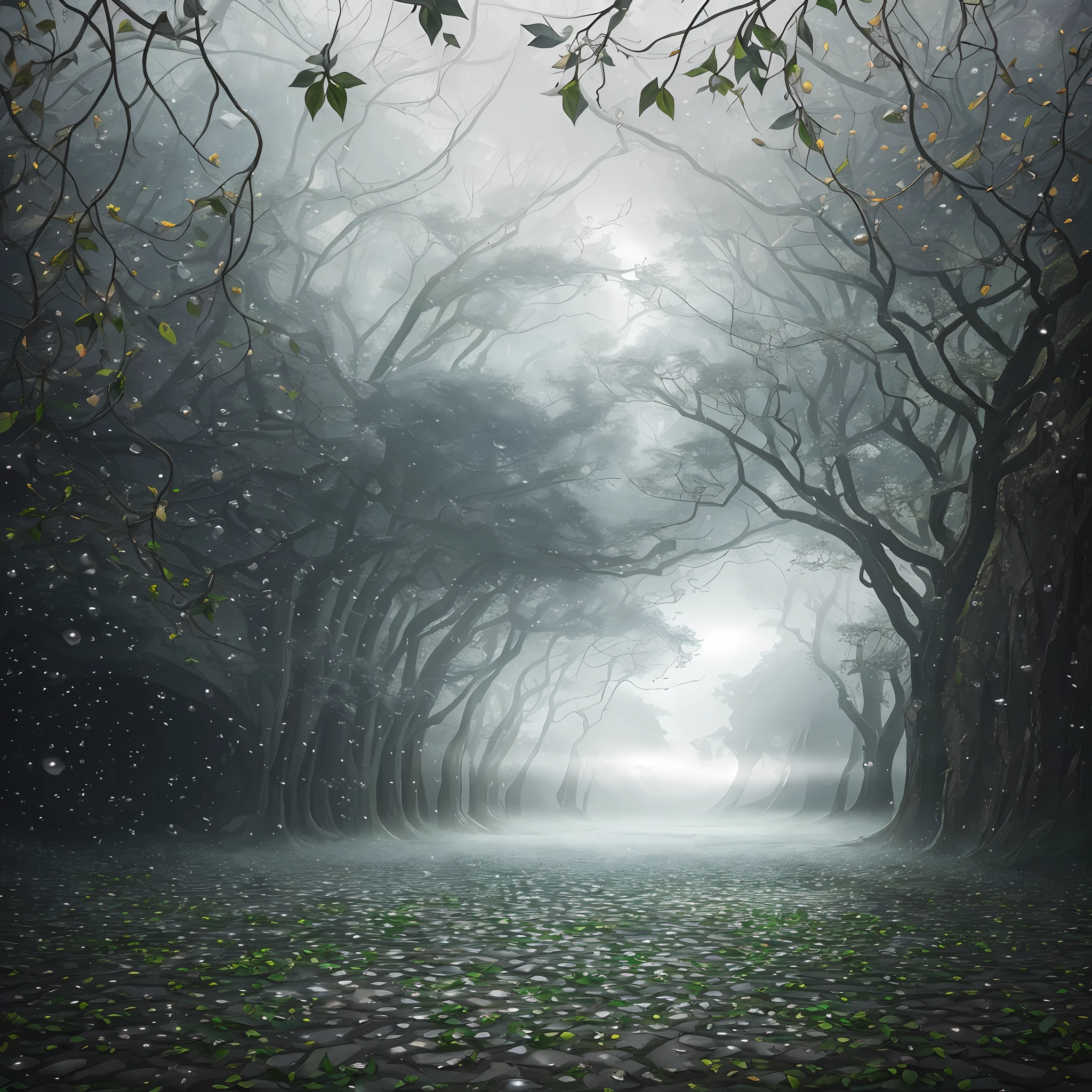 Computer, realistic fantasy, Extensive landscape ultrasound photography (general view showing the sky, leaves circling in the sky in a huge whirlwind, leaves blazing from the stone pavement, raindrops, ivy-braided wall, petals), fog, dawn, blurred background, gloomy, magic --auto --s2