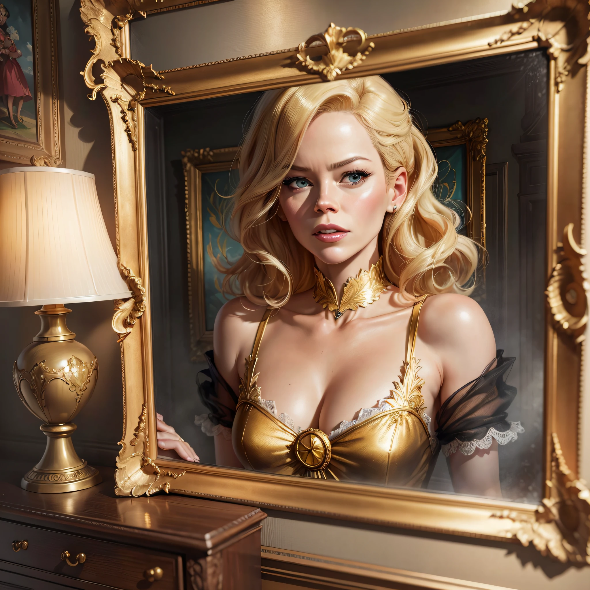 Elizabeth Banks, realistic, ultra-detailed, oil-painted cartoon in a gold-framed frame hangs on a wall above a chest of drawers --auto --s2