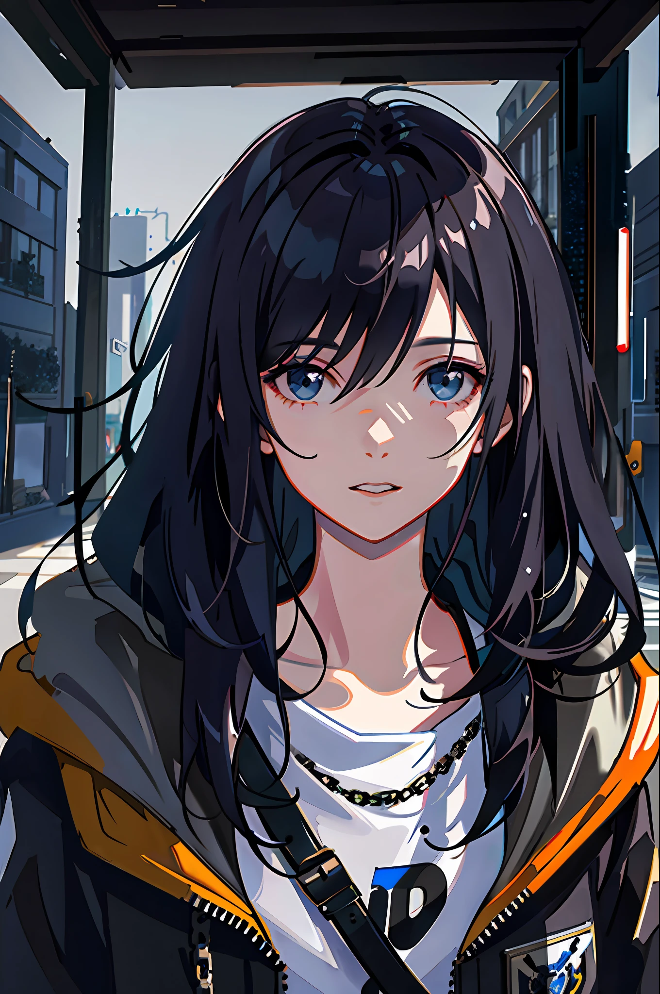 1girl, jacket, rain, outdoor, hoodie, open jacket, chain, backpack, looking at another, messy hair, trending on artstation, 8k resolution, highly detailed, anatomically correct, sharp image, digital painting, concept art, trending on pixiv, style of makoto shinkai,