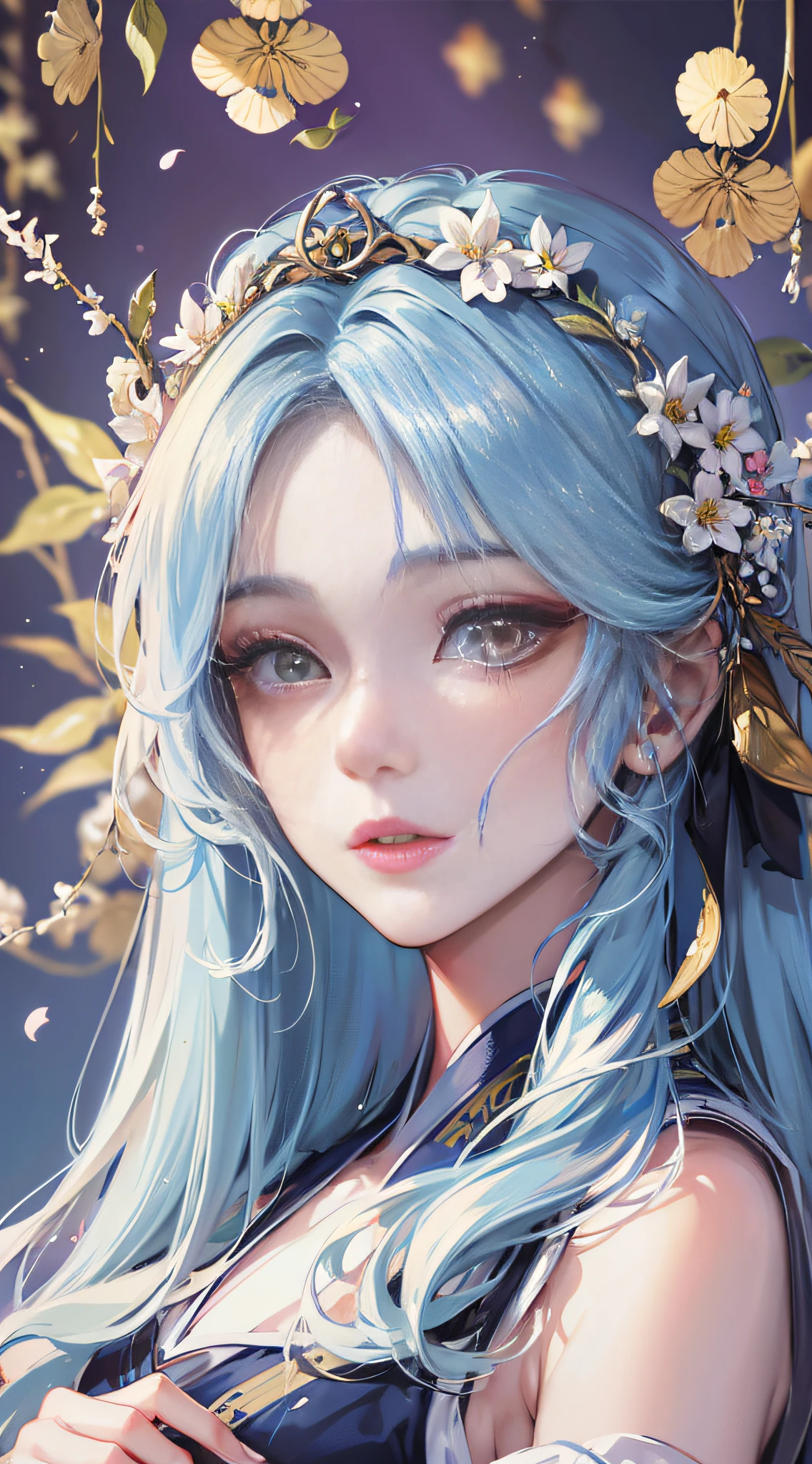 Masterpiece, light blue long-haired beauty, absolutely beautiful, complex and gorgeous hair accessories, wearing beautiful and gorgeous Hanfu, golden eyes, long eyelashes, highlights, withered petals, beautiful, charming, perfect, super clear, HD