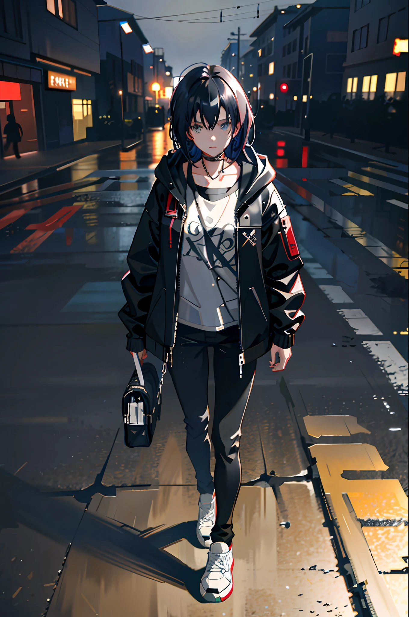 1girl, jacket, rain, outdoor, hoodie, open jacket, chain, backpack, looking at another, messy hair, trending on artstation, 8k resolution, highly detailed, anatomically correct, sharp image, digital painting, concept art, trending on pixiv, style of makoto shinkai,