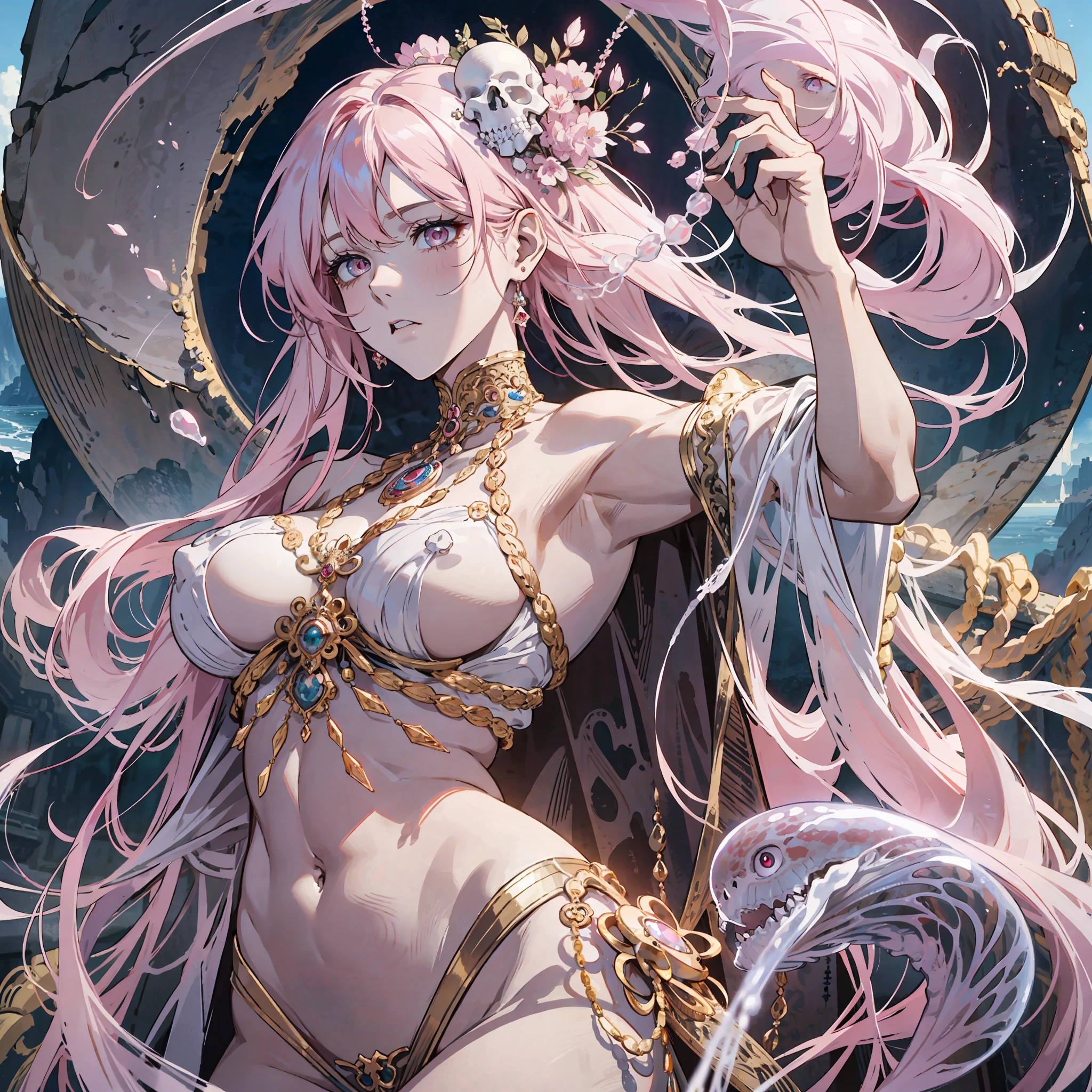 Jellyfish, pink snake hair, reddish white eyes, ultra-detailed sea surface, skulls in the reflection of her eyes, background of white stone statues of muscular and mature men, expression of anger and hatred, symbol of the feminine in the center, well-structured female body, golden jewels all over her body