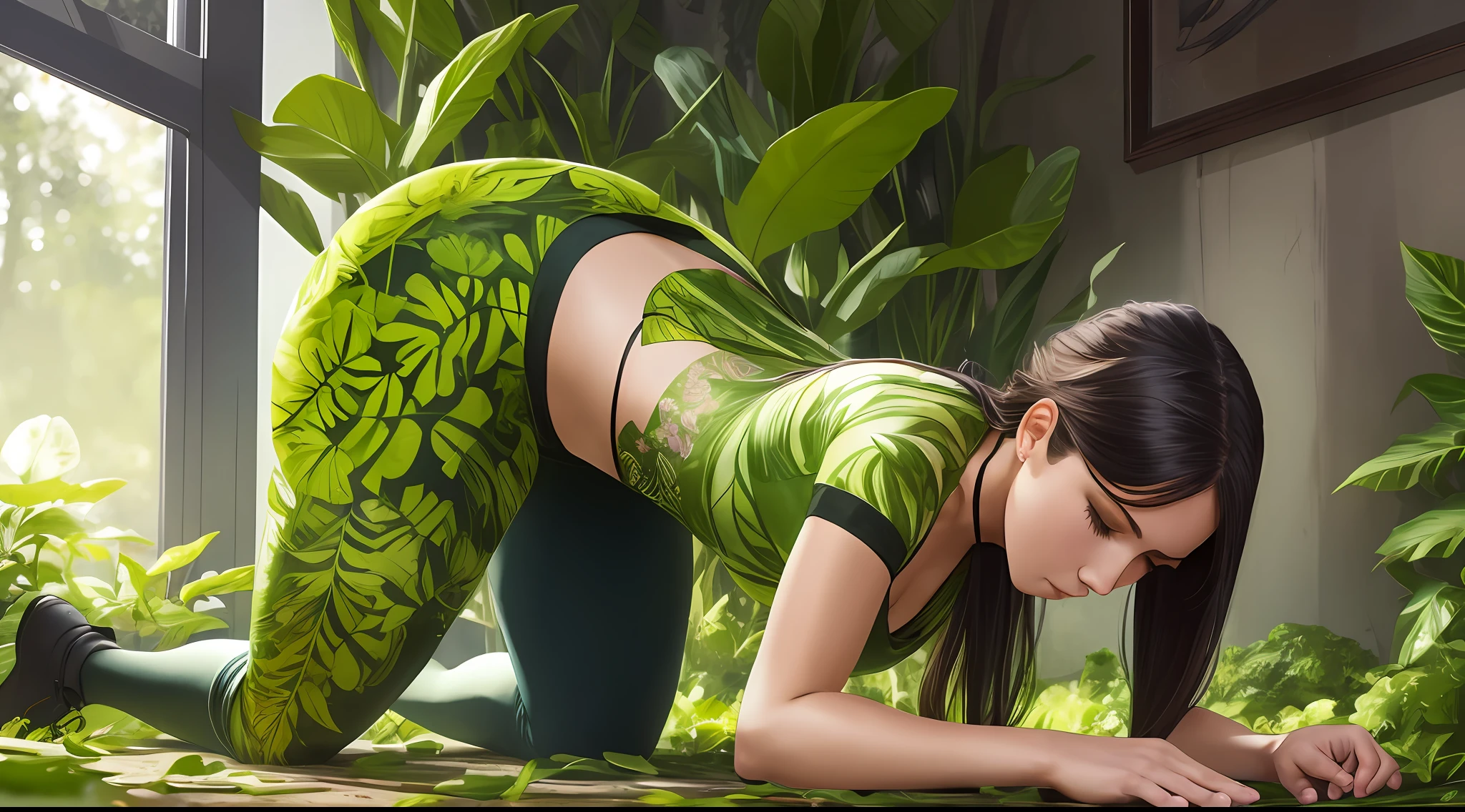 A stunning young woman on all fours, transforming into a plantgirl, with realistic details, great lighting, and emotional expression. --auto --s2