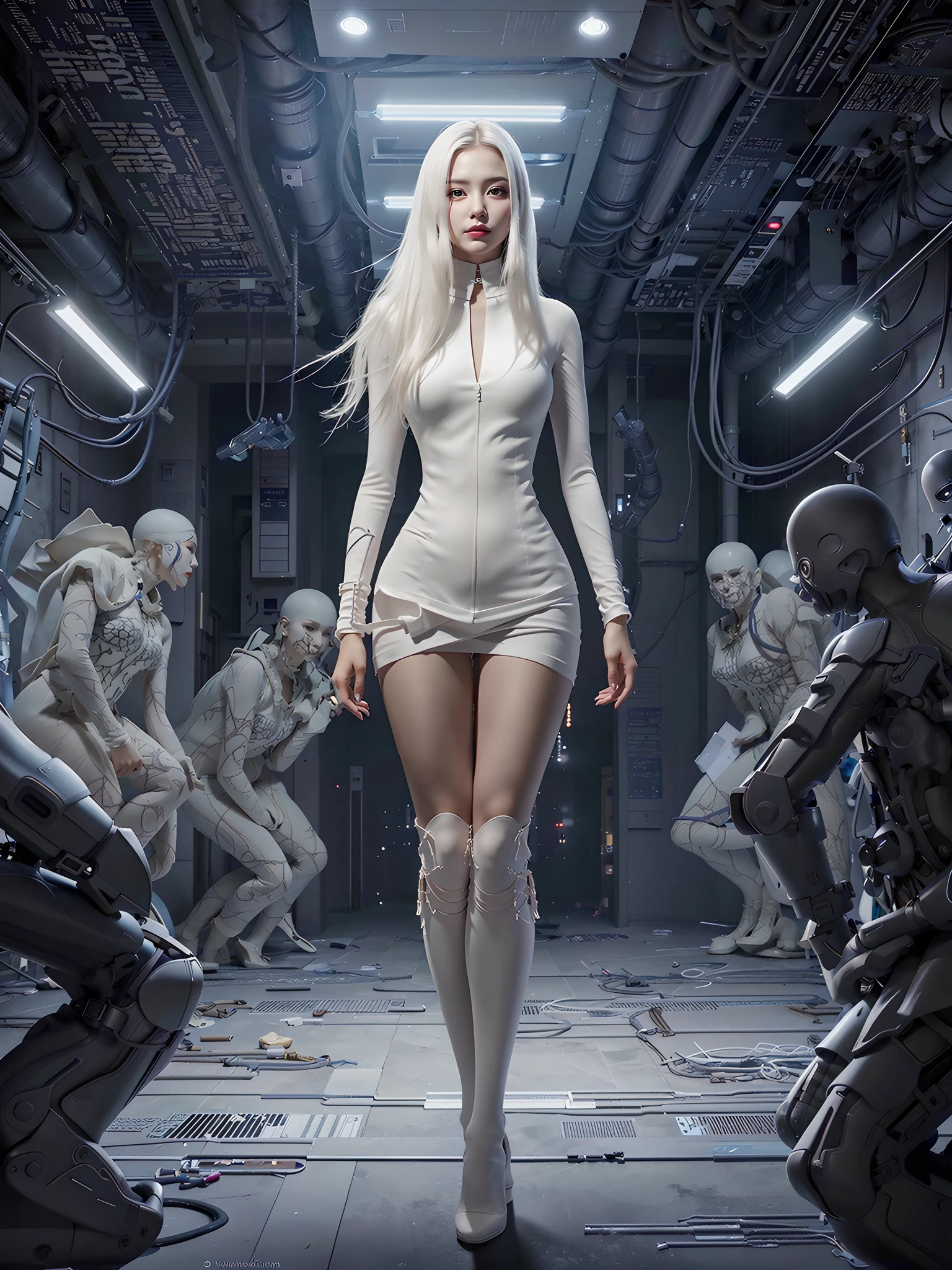 there is a woman in a white bodysuit standing in a room with aliens, beutiful white girl cyborg, elle fanning as an android, perfect android girl, cyborg - girl with silver hair, seductive cyberpunk dark fantasy, white cyborg fashion shot, beautiful cyberpunk woman model, fashionable futuristic woman, wearing futuristic clothing, wojtek fus, beautiful android woman, in white futuristic armor