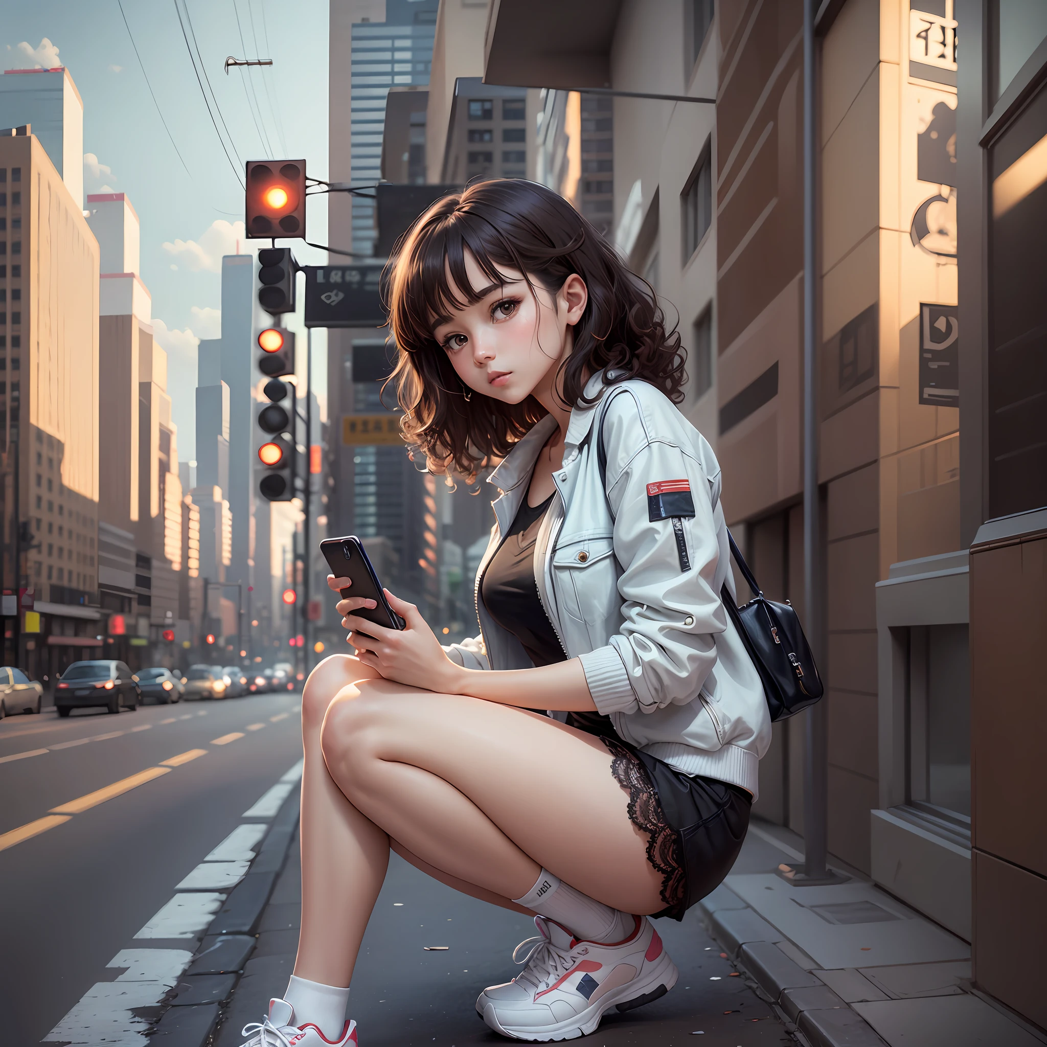 A masterpiece in high quality, a detailed image in static CG of 8K, with a beautiful and delicate atmosphere. Inspired by a "Chibe" look, a girl with dark brown curly hair, dark brown eyes, serious expression, wearing a white blouse, lace shorts and socks with sneakers, holding a cell phone, with an open zipper coat. The background features a well-lit city environment, with balanced light and shadow and a combination of well-saturated colors, bringing depth and texture to the image. --auto --s2
