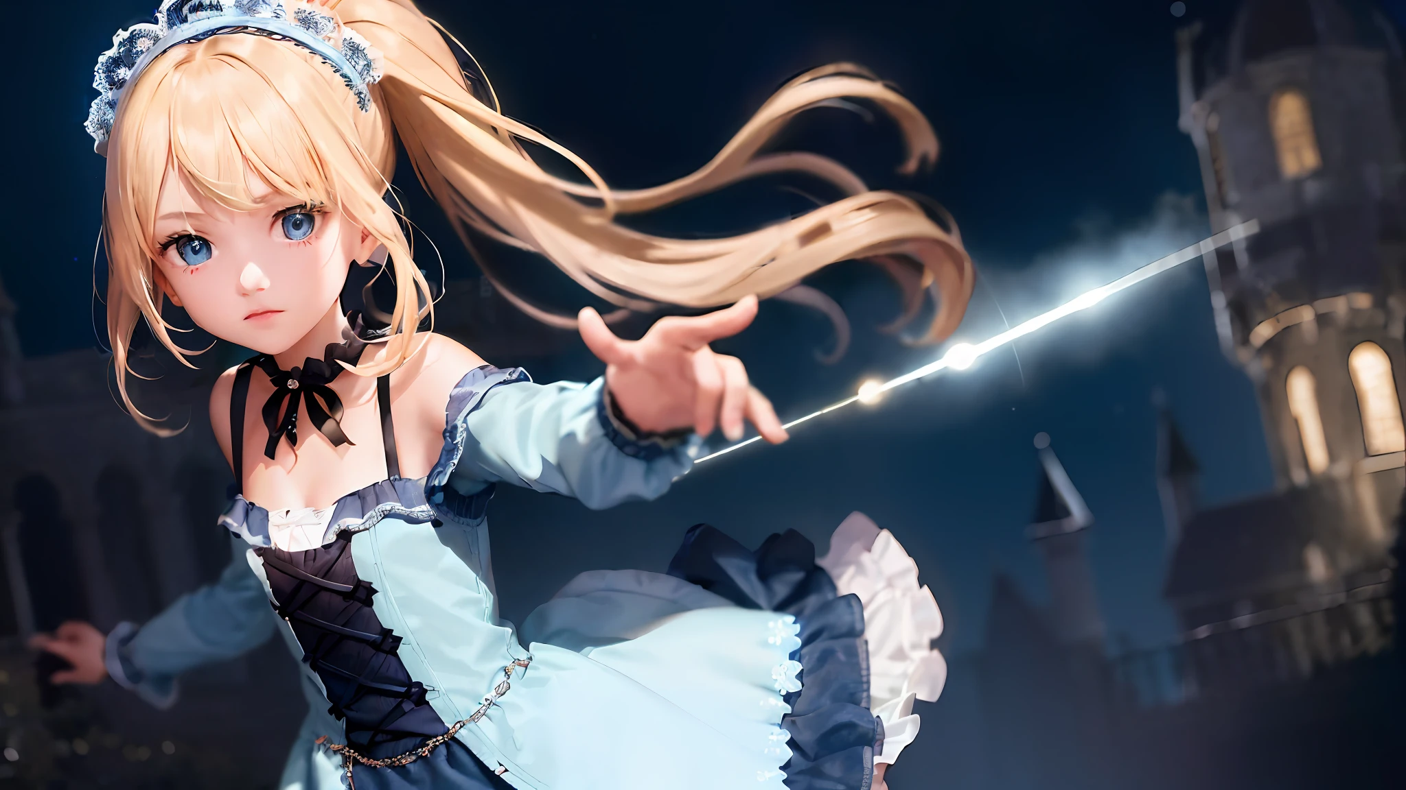 (1 girl, masterpiece: 1.1, best quality: 1.1), (bright picture: 1.2), gothic costume, denim lens, break [blue:pink:0.5] theme, delicate skin, fine hair, cute face, beautiful eyes, upper body, outstretched hands, double ponytail, blonde hair, blue eyes, wearing a delicate headdress, standing sideways in the outdoor castle scene, creating a mysterious atmosphere in the moonlight at night, bright light, clear background.