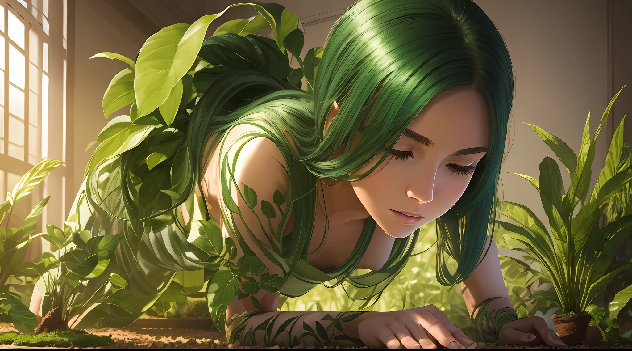 A stunning young woman on all fours, transforming into a plantgirl, with realistic details, great lighting, and emotional expression. --auto --s2