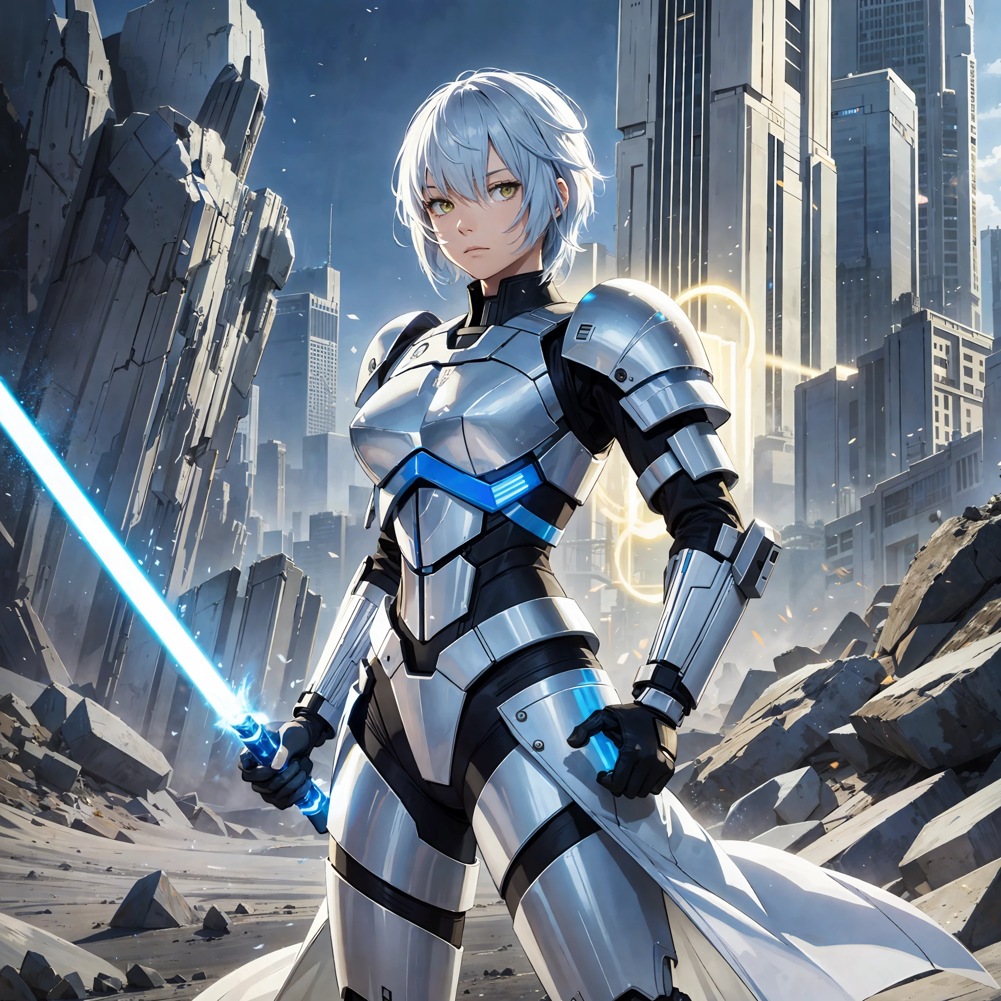 Blue lightsaber in hand, short hair, serious face, combat attire, white hair, yellow eyes, armor, android, human appearance, adult woman --auto --s2