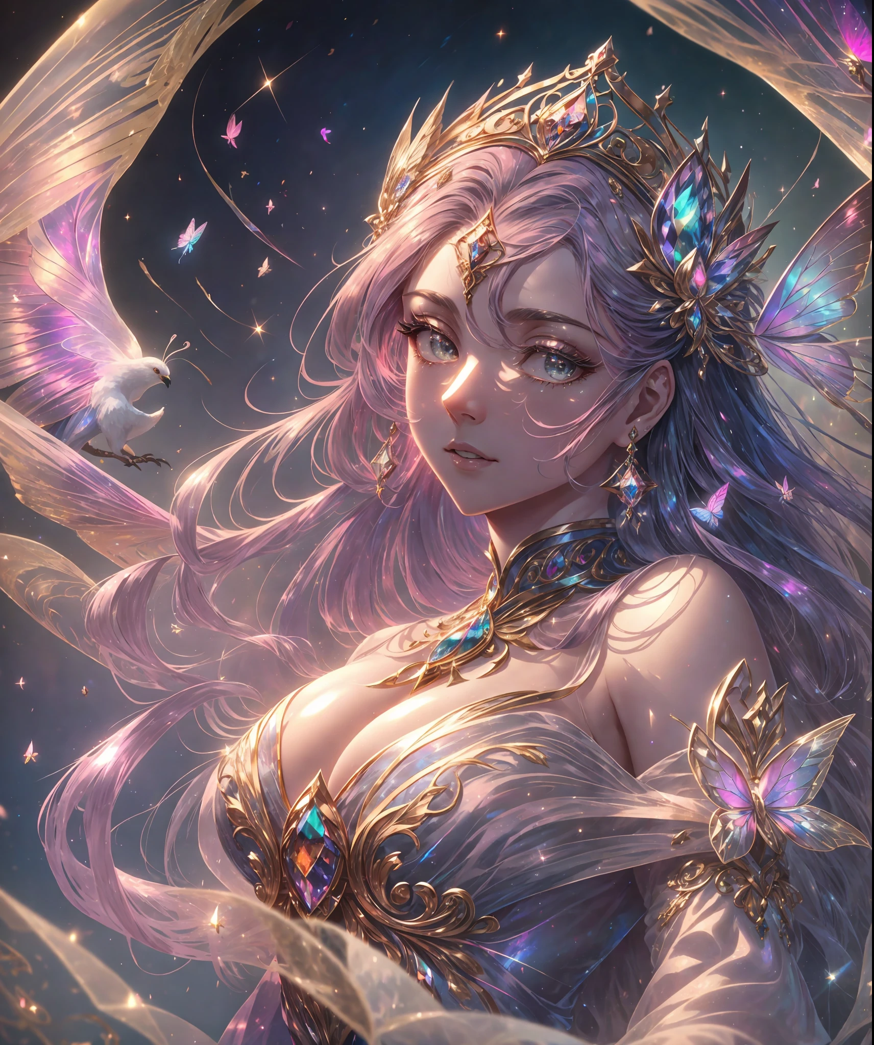 A highly detailed masterpiece of a magnificent celestial queen with a dress made of soft gossamer feathers and silk. The dress is silk and chiffon and contains iridescent details and stunning embroidery. The queen has beautiful iridescent transparent wings that are highly detailed. The head and torso are visible. The background is shimmering, (interesting), colorful, heavenly, pretty, and celestial. The image is the style of fantasy, mythic fantasy, and fairytale fantasy. The image has (hires eyes), big eyes, and beautiful detailed eyes. There should be 1 woman. ((Many)) (colorful flying magical birds and detailed butterflies) with (iridescent detailing). The image should be (ultra detailed), and intricate with (saturated colors), and a dark pink and pink blue color scheme with rich colors. The queen has a delicate and intricate circlet. The ((masterpiece)) has a dynamic and interesting composition with studio lighting and gradients. The queen is a mature woman with full lips, pretty lips, bright detailed eyes, and smooth realistic skin texture. The queen's face is sweet and mysterious with dynamic expressions. The queen has beautiful and elegant hands with only five fingers. (hires and high resolution)
