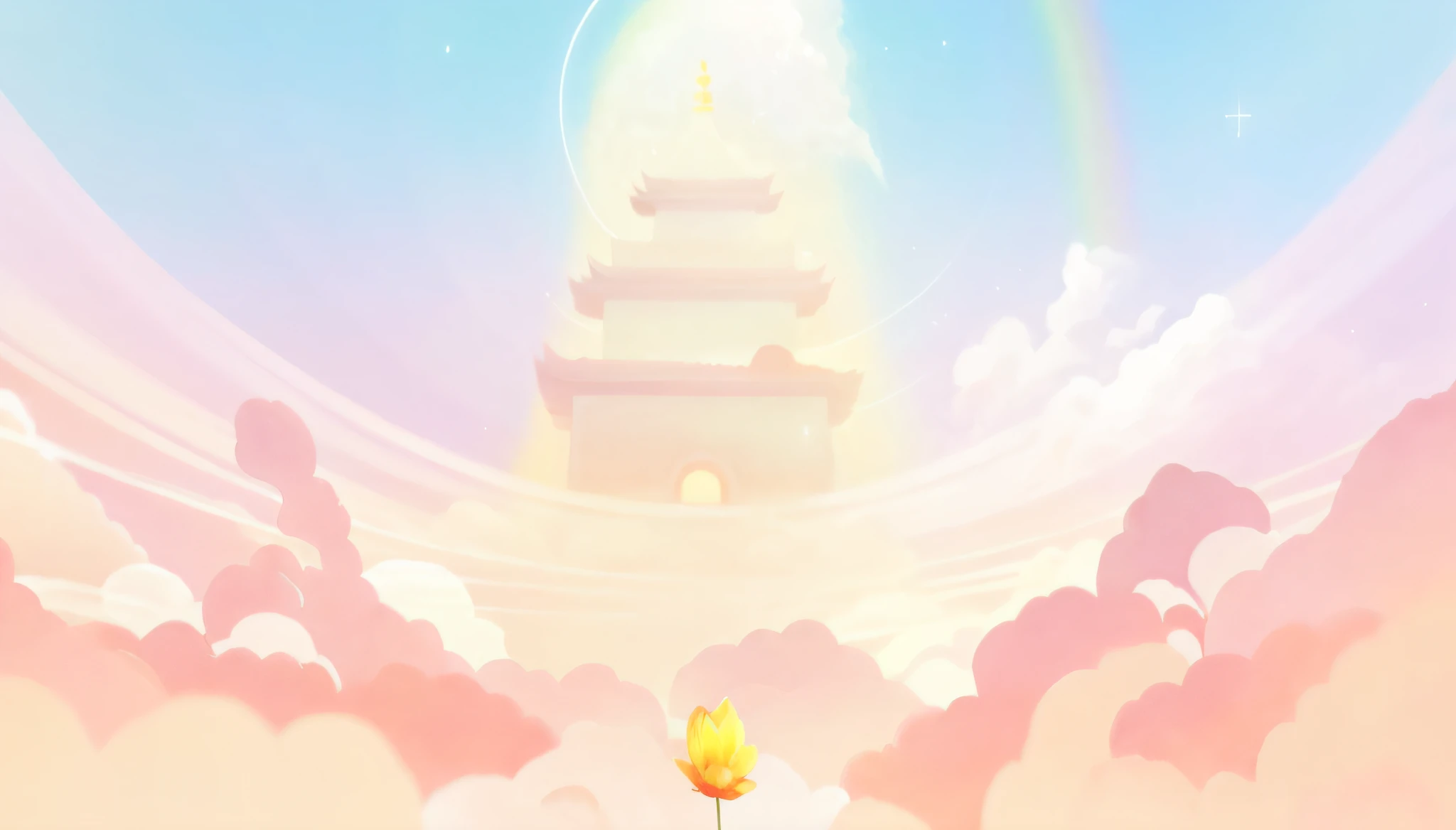 there is a picture of a painting of a flower and a rainbow, soft digital painting, background artwork, heaven background, background art, background is heavenly, fairy tale style background, blossoming path to heaven, dreamlike digital painting, anime background, heavenly, iphone 15 background, blurred and dreamy illustration, soft anime illustration, iphone background, temple background