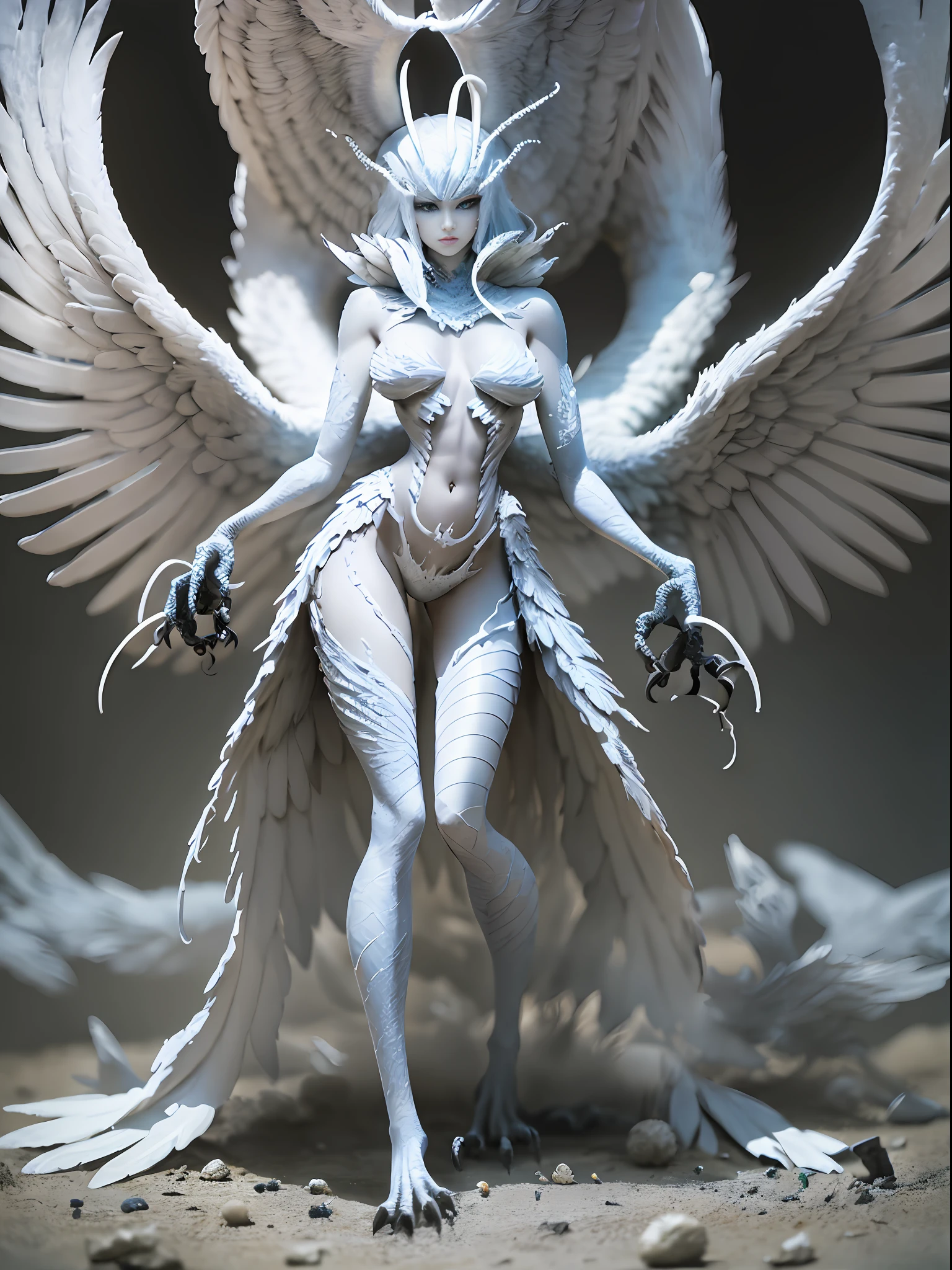 Standing birdfoot, white snake (anthropomorphic, beauty, sirene, fang, white feathers), ( full body), 8k, (original), cg, skin scales, fracture, masterpiece, original photo, sfw, dirty (0.8), (blood: 0.7), (super detailed), sharply focused, pastel colors, 8k, 8mm, shiny, gel particles, war photography,