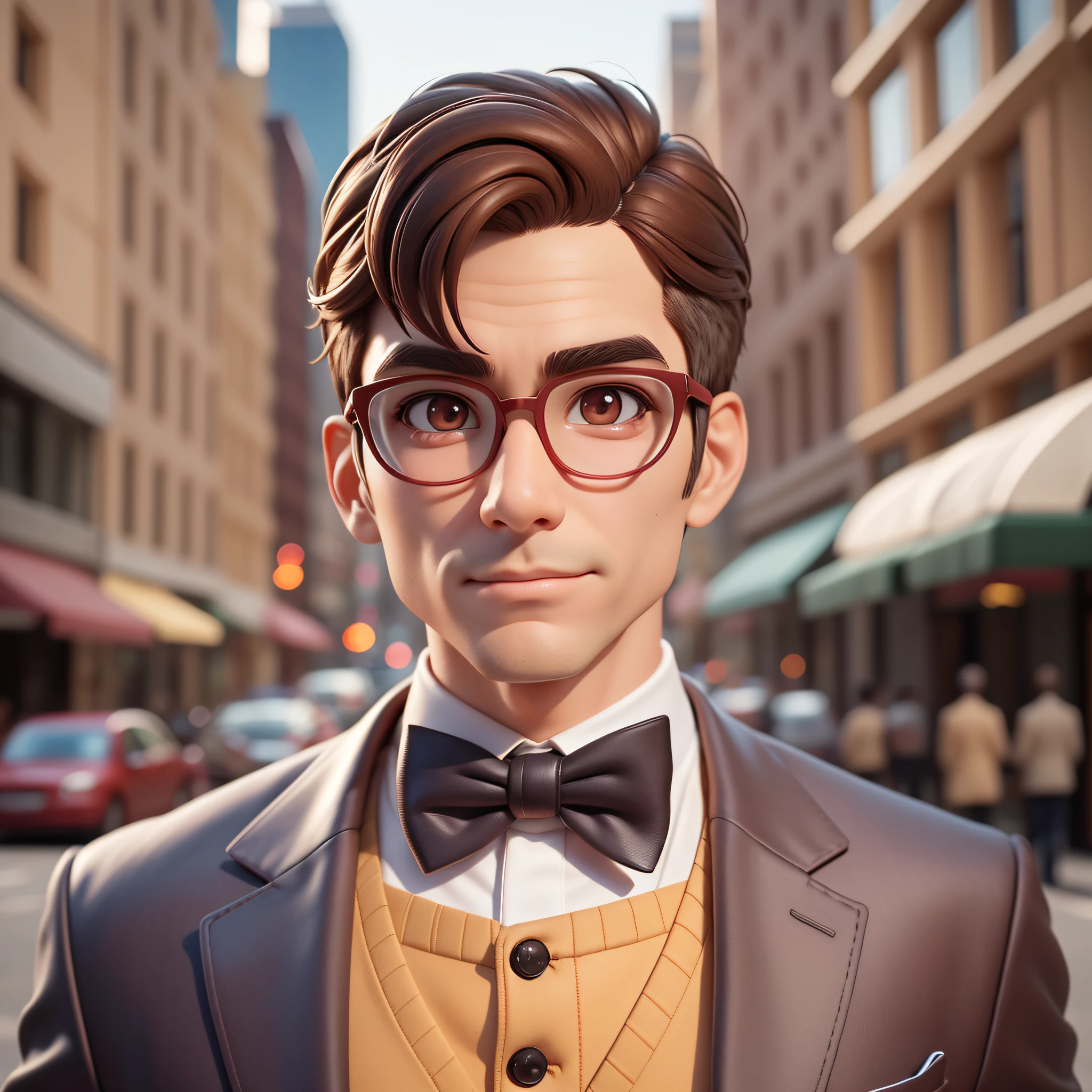 (Pixar 1.25 style) 1 man ((upper body front, bust shot)), solo, front, very comical face, very detailed eyes, brown eyes, very detailed nose, very detailed mouth, friendly, Korean, men's suit, bow tie, glasses, downtown area, ((masterpiece, highest quality)), (composite lighting)