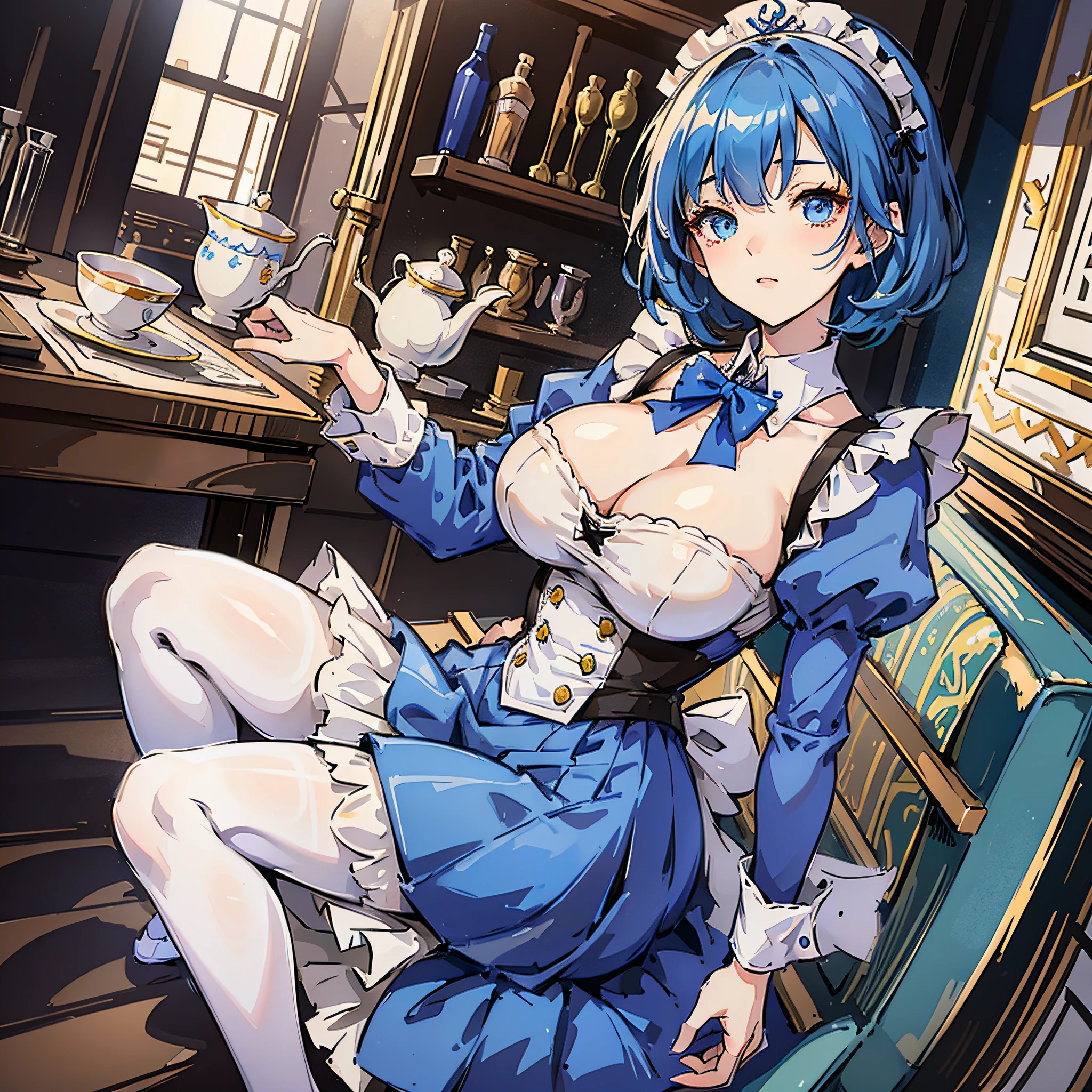 Blue-haired girl, hair covering half of her eyes, maid outfit, white pantyhose, huge breasts, gentle eyes, short hair, two-dimensional, tea on hand, --auto --s2