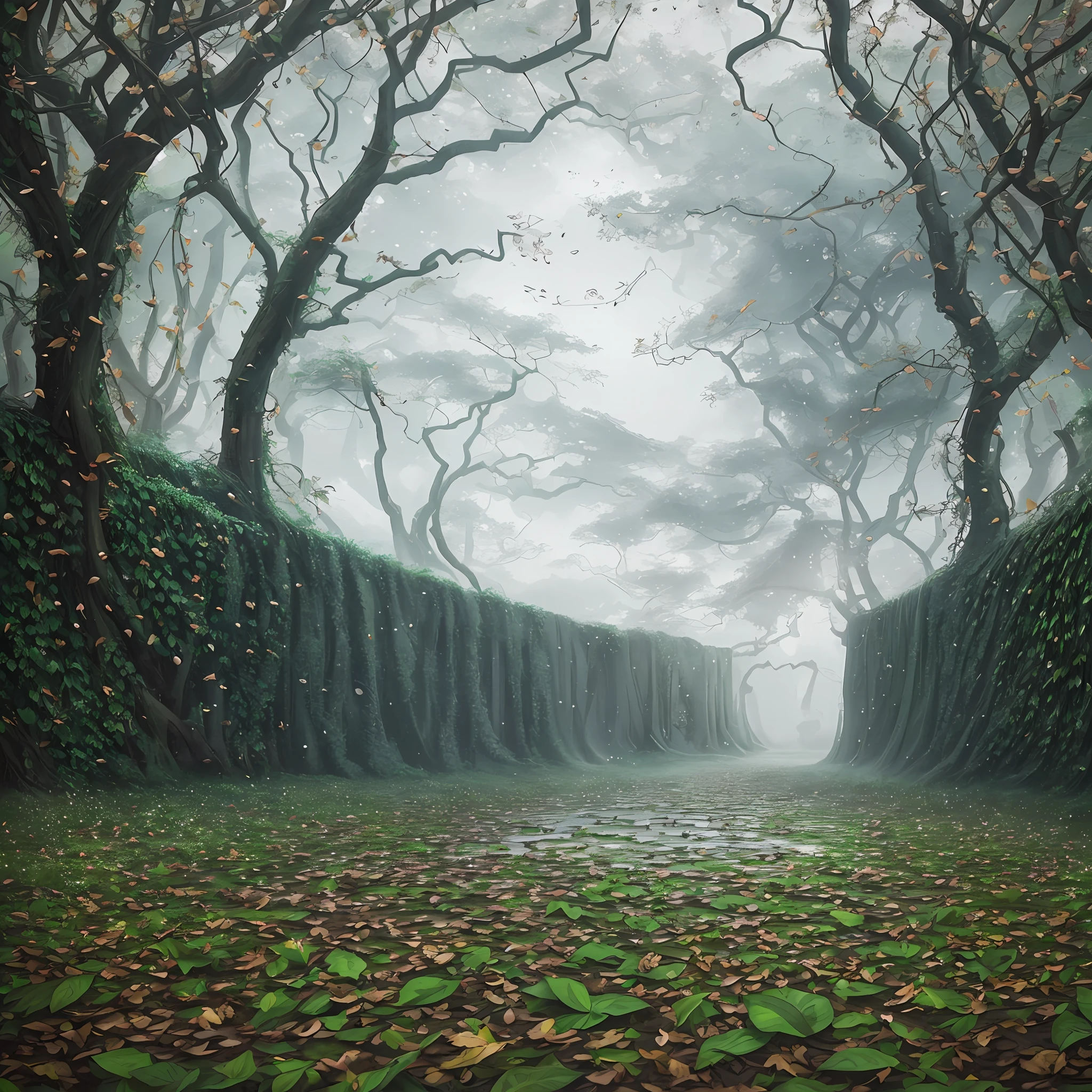 Computer, realistic fantasy, Extensive landscape ultrasound photography (general view showing the sky, leaves circling in the sky in a huge whirlwind, leaves blazing from the stone pavement, raindrops, ivy-braided wall, petals), fog, dawn, blurred background, gloomy, magic --auto --s2