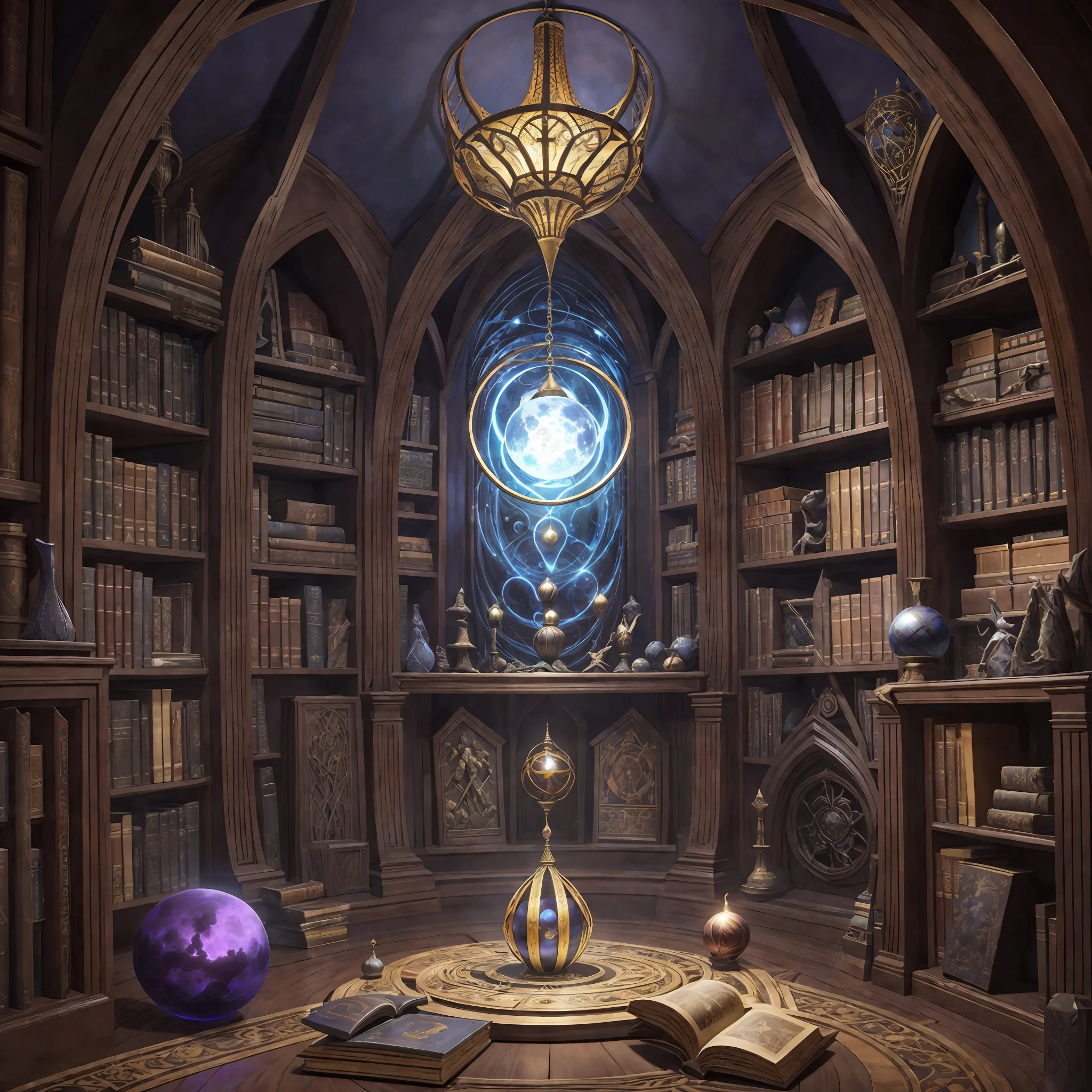 A Wizards den, in the style of visionary otherworldly, interior design with soft lighting, Wizard room, with books and potions, dark purple and bronze, luminous spheres, leonardo da vinci