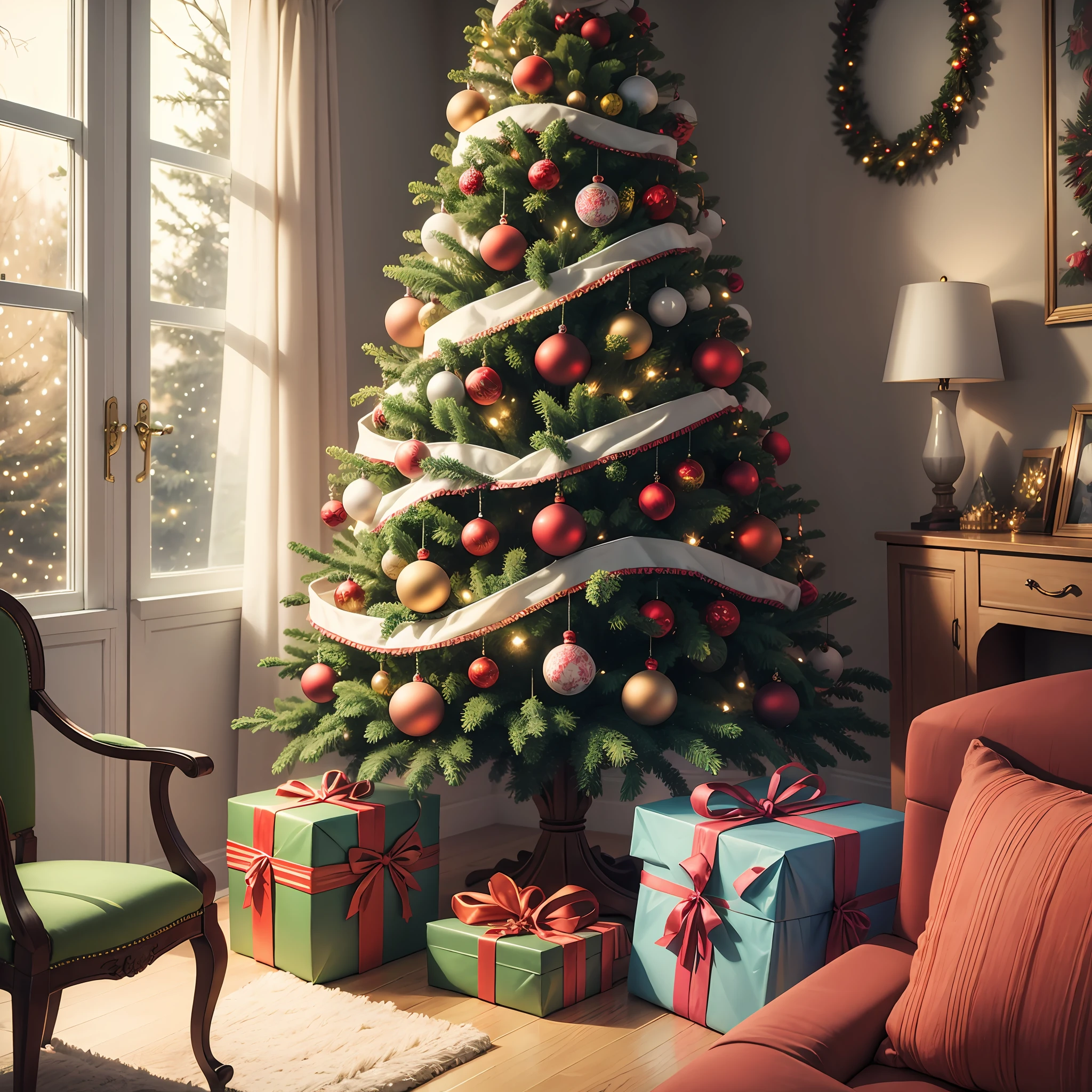 Decorated Christmas tree, in living room full of gifts --auto --s2