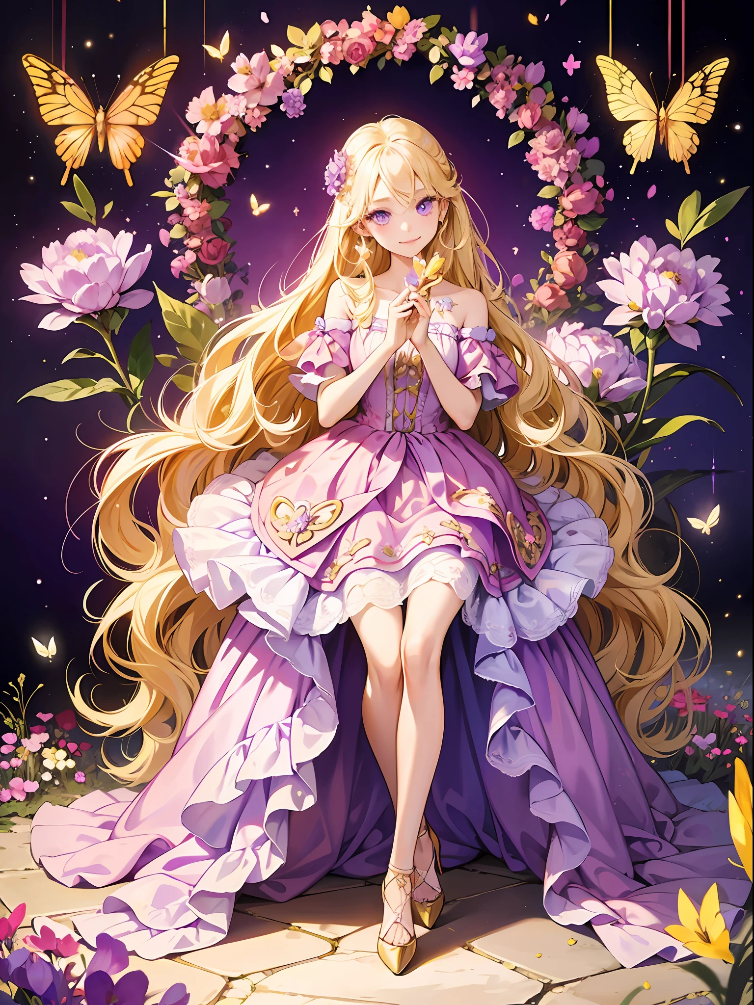 Long blonde hair, coiled hair, purple eyes, sparkling eyes, big eyes, 15-year-old beautiful girl, wearing a pink dress, only two hands and two feet, golden crystal high heels on her feet, fair skin, delicate facial features, smiling, sitting, surrounded by flowers and butterflies, full body standing painting