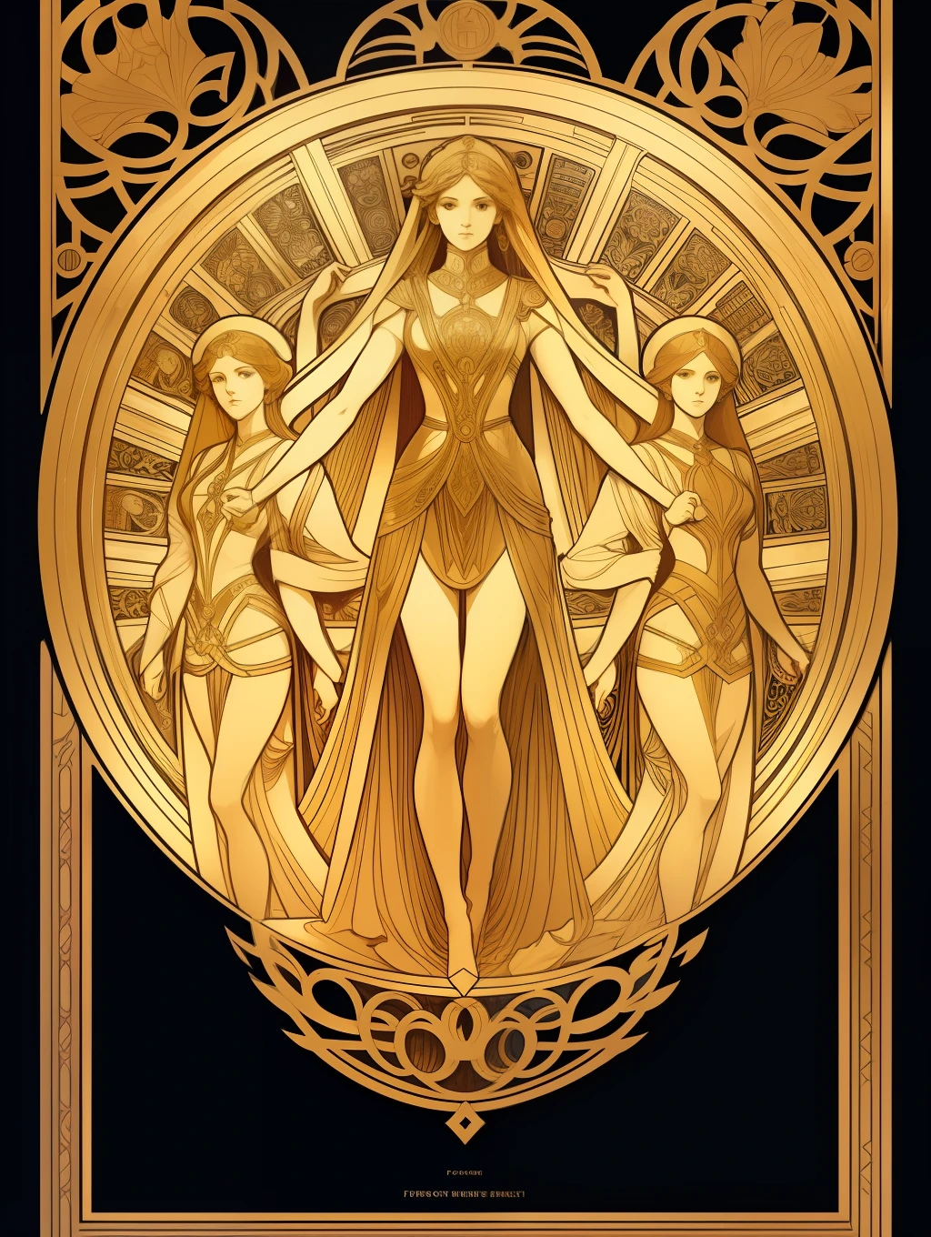 Symmetry Full-Layout Complete Composition and Complete Closed Alfons-Mucha-Style Rectangle Decorative Surround Full-Layout Whole Edge and absolutely five fullbody female stand together in A frame Golden details