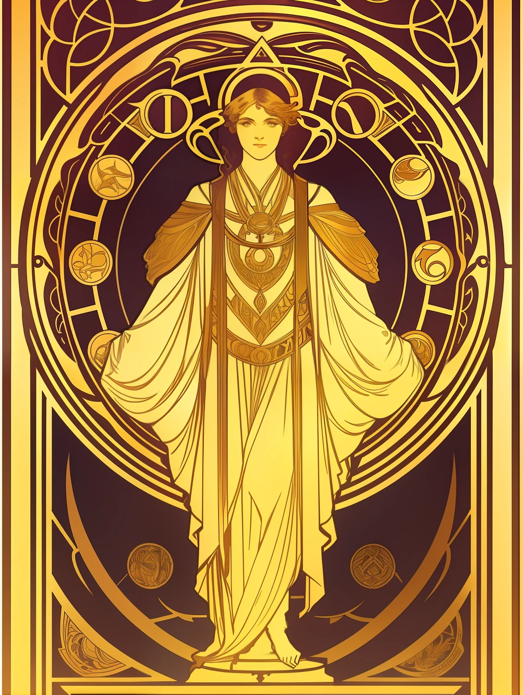 Symmetry Full-Layout Complete Composition and Complete Closed Alfons-Mucha-Style Rectangle Decorative Surround Full-Layout Whole Edge and absolutely five fullbody female stand together in A frame Golden details