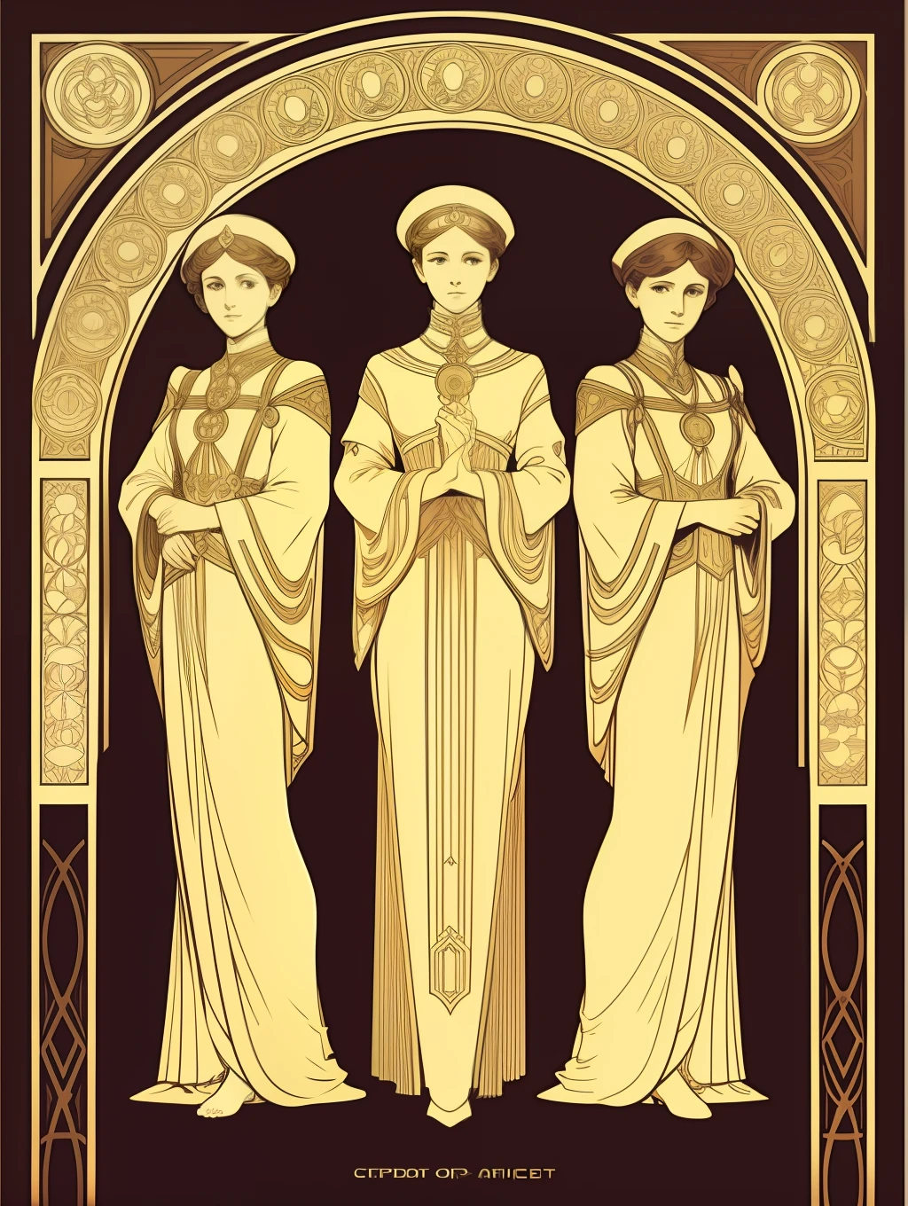 Symmetry Full-Layout Complete Composition and Complete Closed Alfons-Mucha-Style Rectangle Decorative Surround Full-Layout Whole Edge and absolutely five fullbody female stand together in A frame