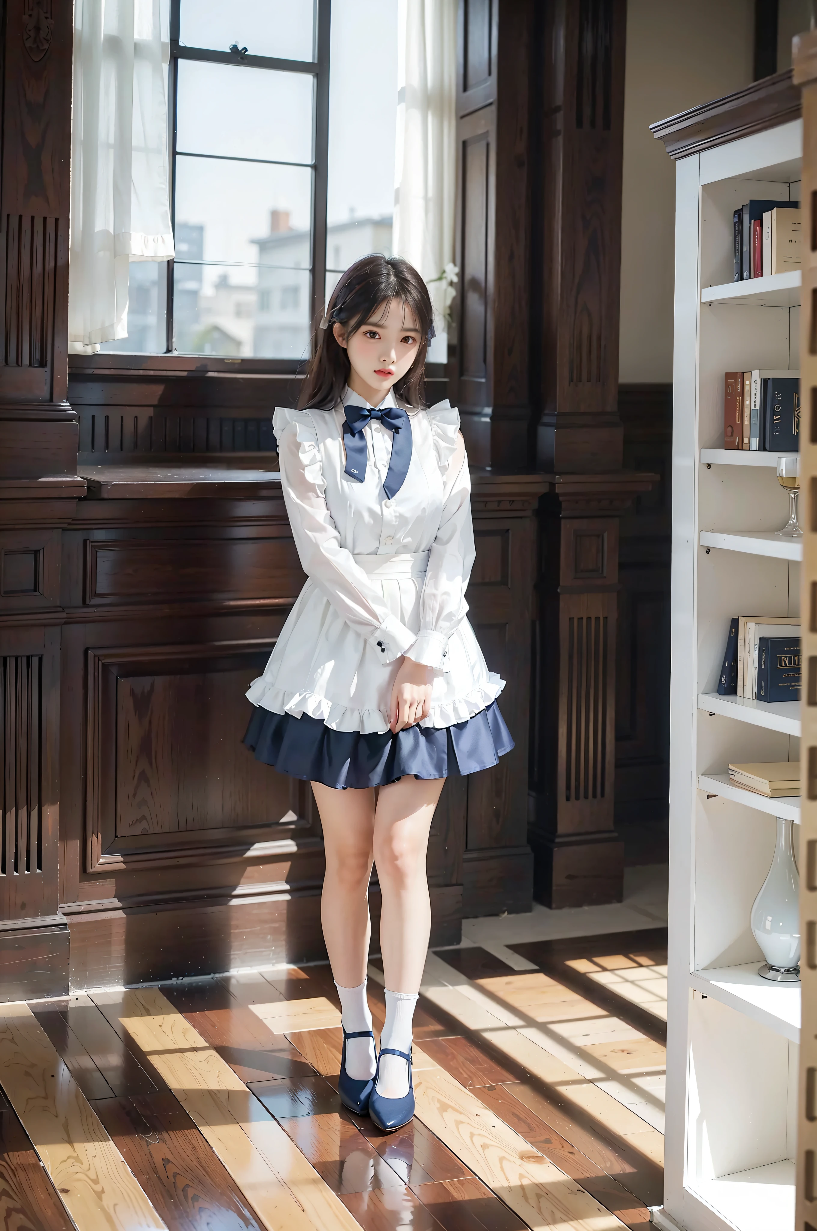 Woman standing alone in library, white floral blouse, dark blue bow tie, dark blue skirt with ruffles, wearing white silk ruffled socks, wearing pumps, white light background