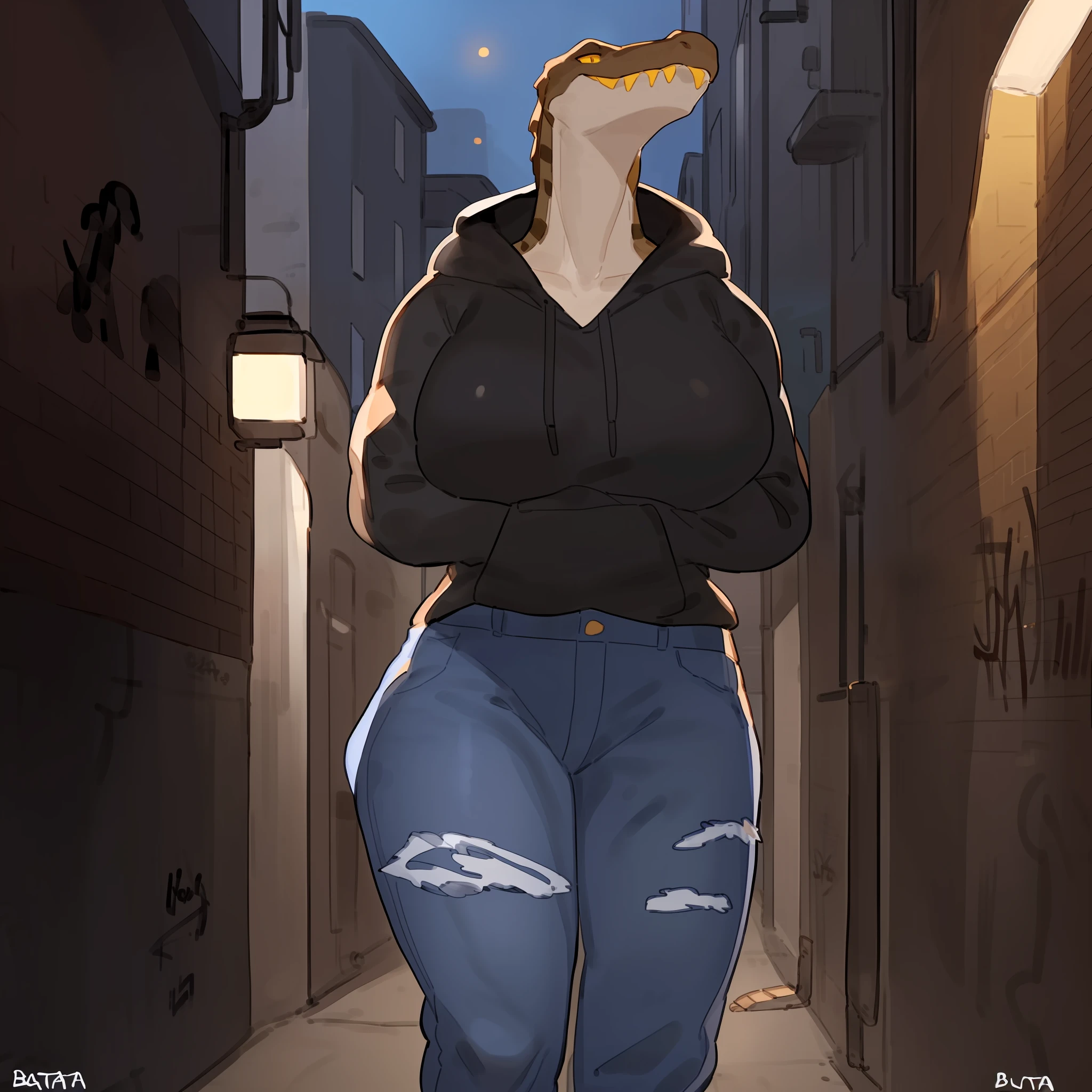 Solo, female, alligator, teeth, yellow teeth, fangs, yellow eyes, brown body, brown skin, muscular, athletic, big, large, tall, big breasts, by bebebebebe, (((by buta99))), ripped navy blue jeans, tight jeans, black hoodie, night, alleyway, graffiti, smirking