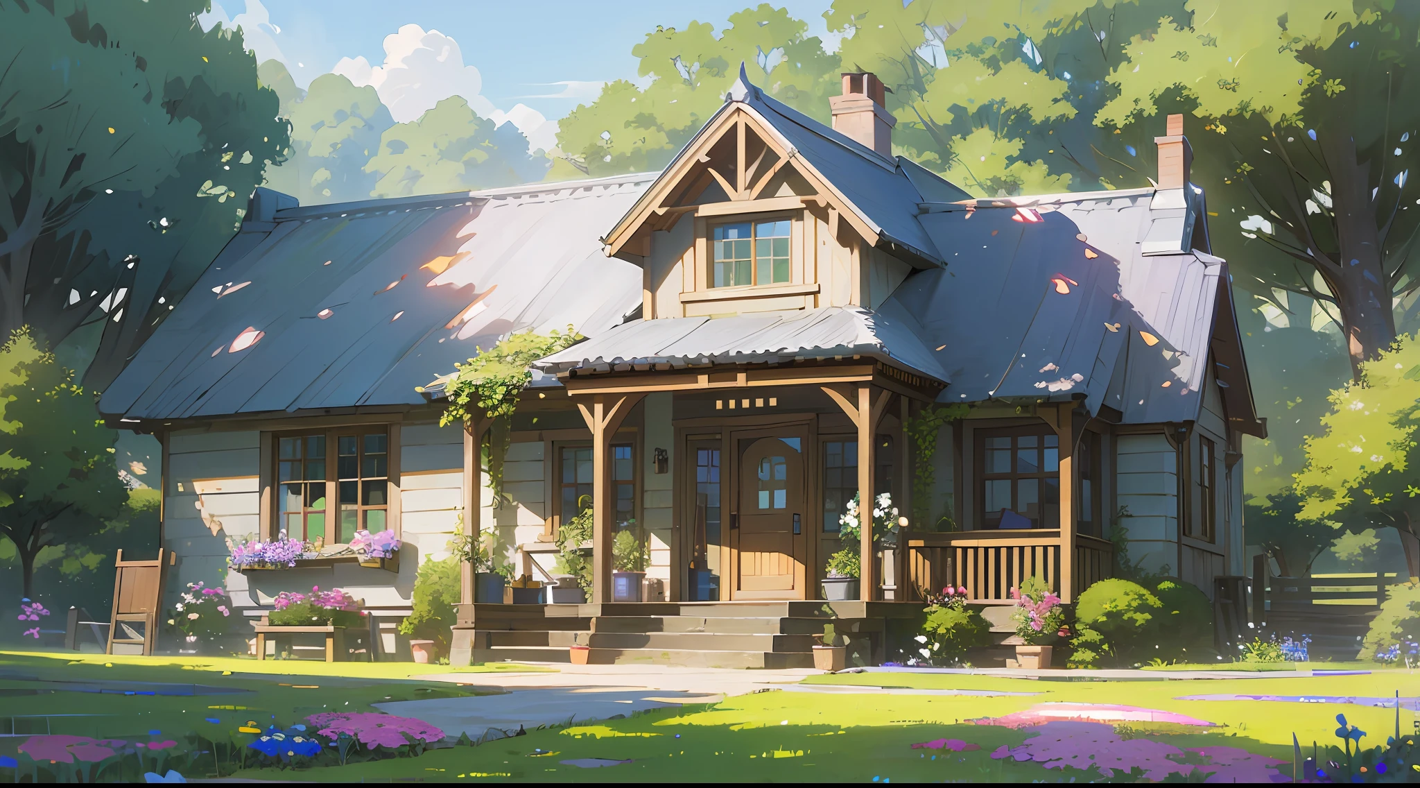 Description: Merge the captivating styles of matte painting and impressionism to create an idyllic country landscape centered around a hidden cottage. Imagine a peaceful countryside nestled within lush greenery, with a winding path leading to a quaint cottage surrounded by blooming flowers. Apply impressionistic brushwork to depict the vibrant foliage, while employing matte painting techniques to add depth and intricate details to the cottage and surrounding landscape. --auto --s2