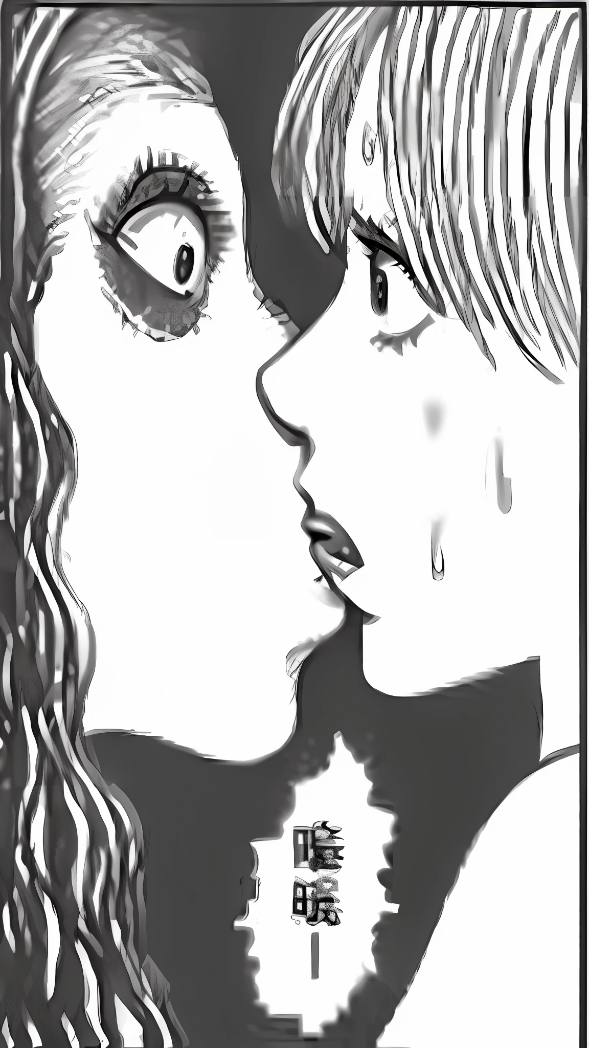 a drawing of two women kissing each other in a black and white picture, pixivs and junji ito, by Naka Bokunen, subtle junji ito, by Junji Ito, junji ito style, by Sadamichi Hirasawa, by Urakusai Nagahide, by Hirohiko Araki, by Eizan Kikukawa