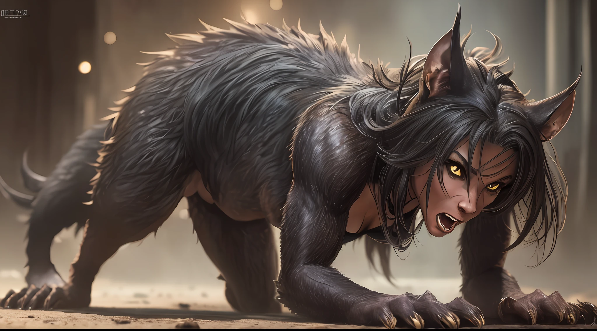 A stunning young woman on all fours, gradually transforming into a wererat, with realistic details, great lighting, and emotional expression. --auto --s2